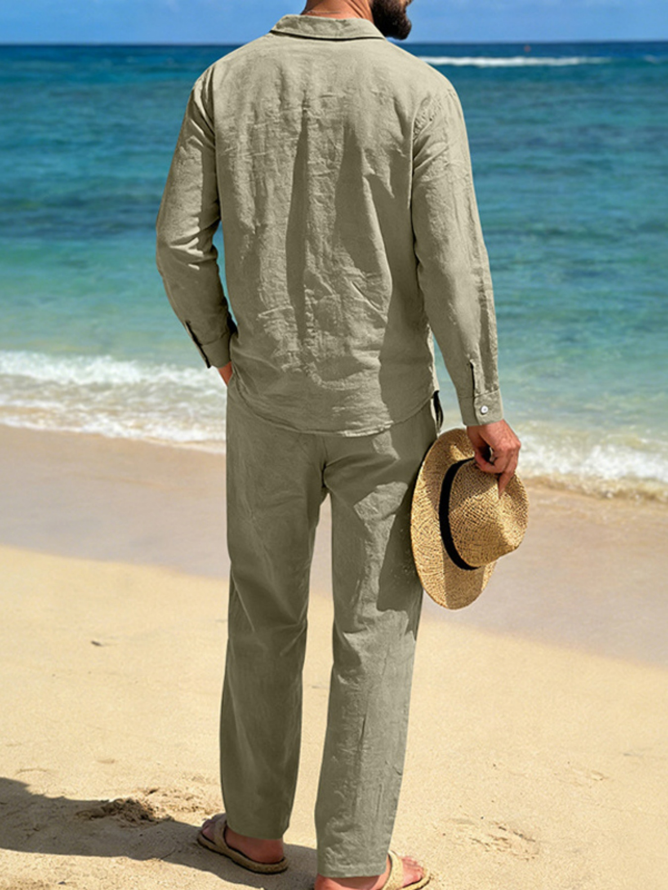 Mens Green Linen Blend Shirt and Trousers Co-ord Beach Ready Style
