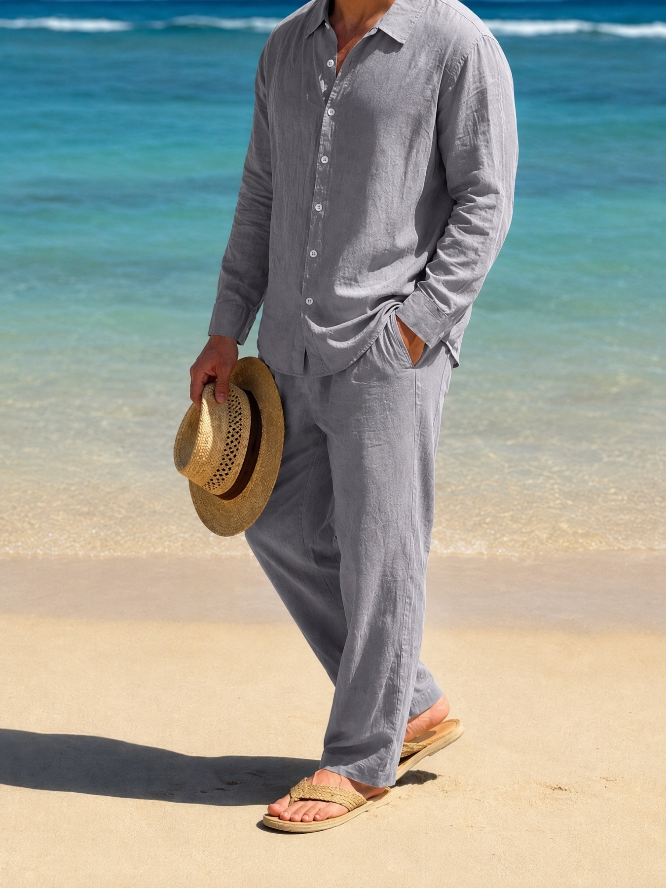 Mens Grey Linen Blend Shirt and Trousers Co-ord Set