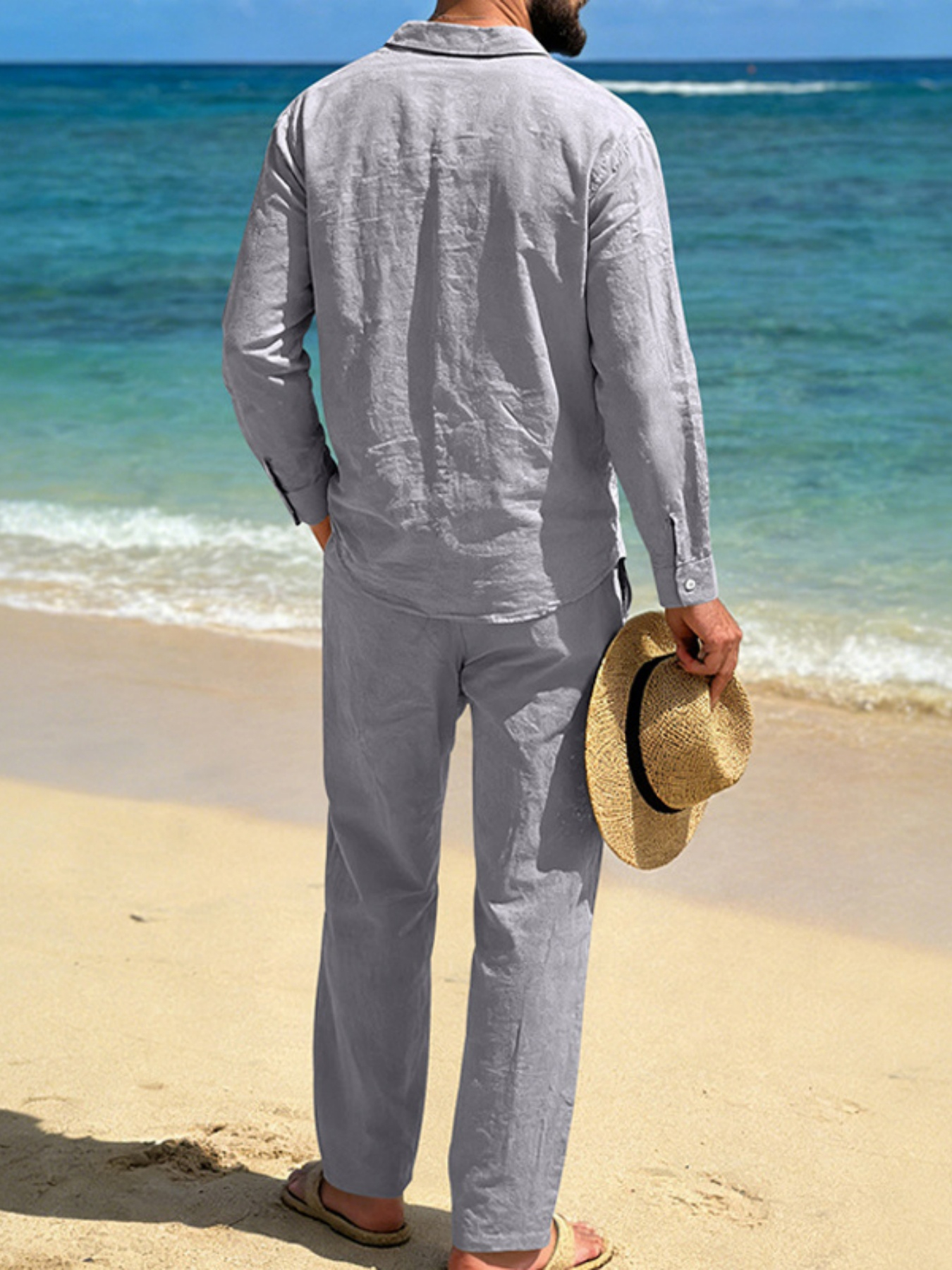 Mens Grey Linen Blend Shirt and Trousers Co-ord Set