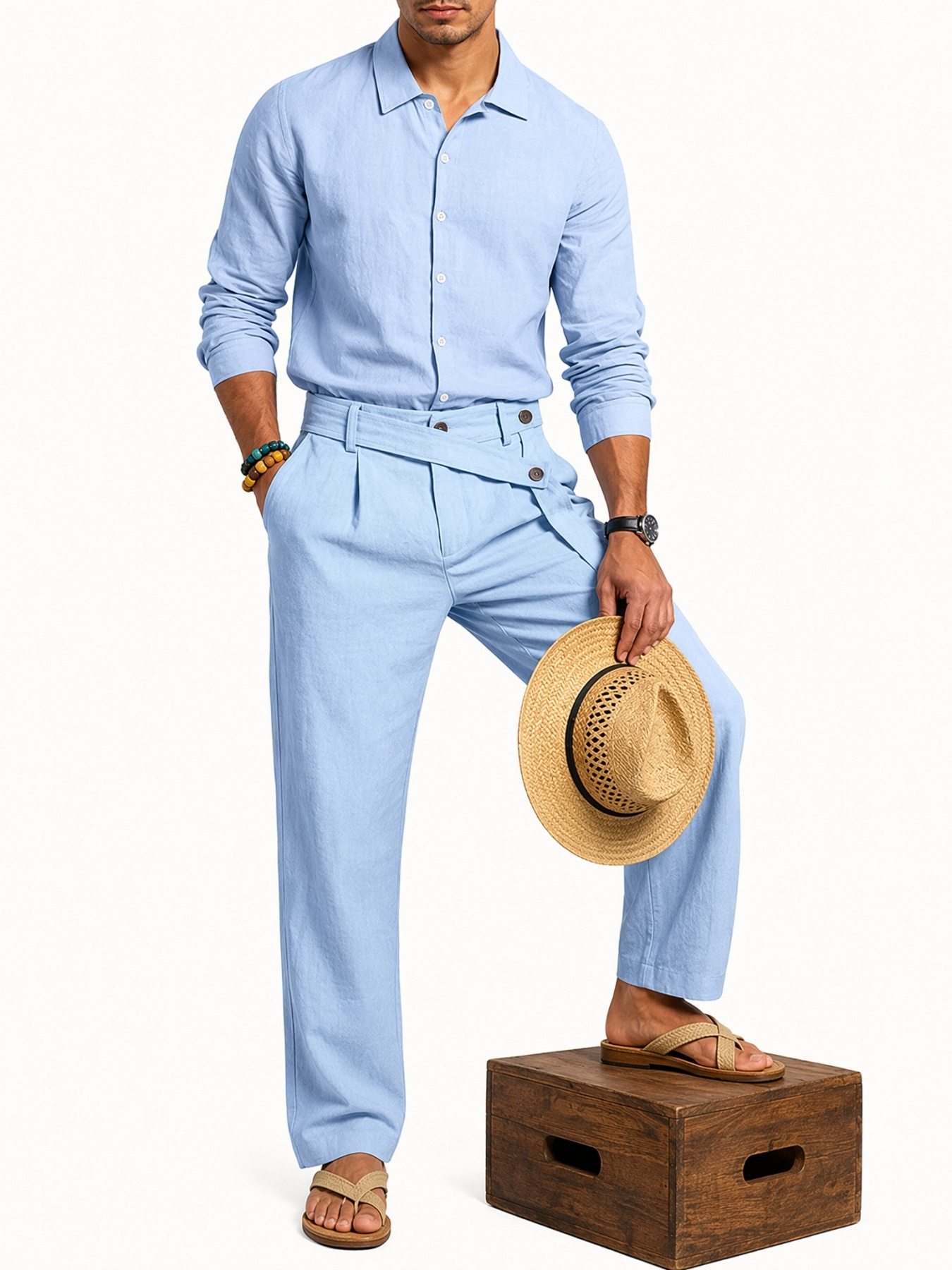 Men Light Blue Linen Trousers and Shirt Set