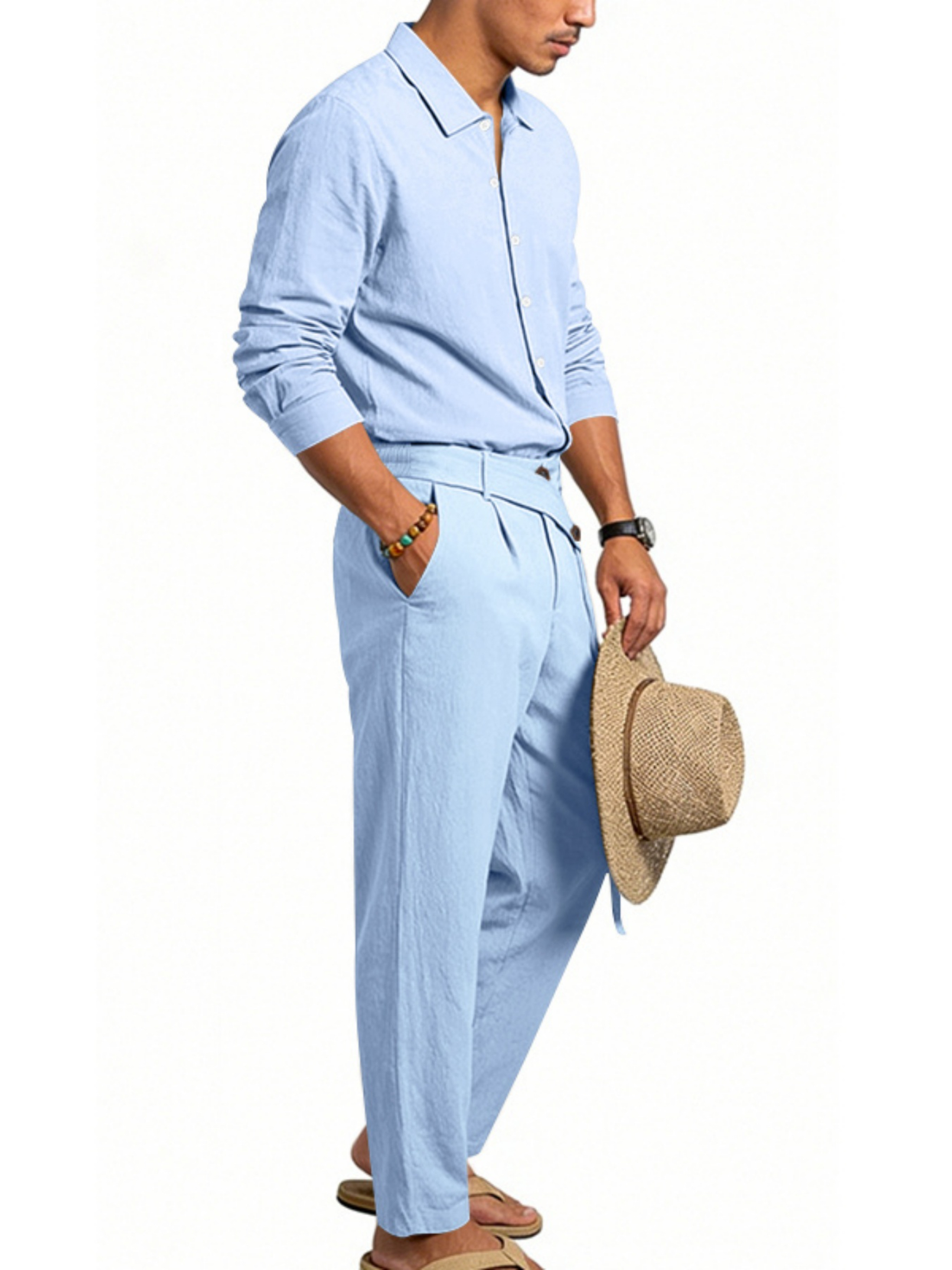 Men Light Blue Linen Trousers and Shirt Set