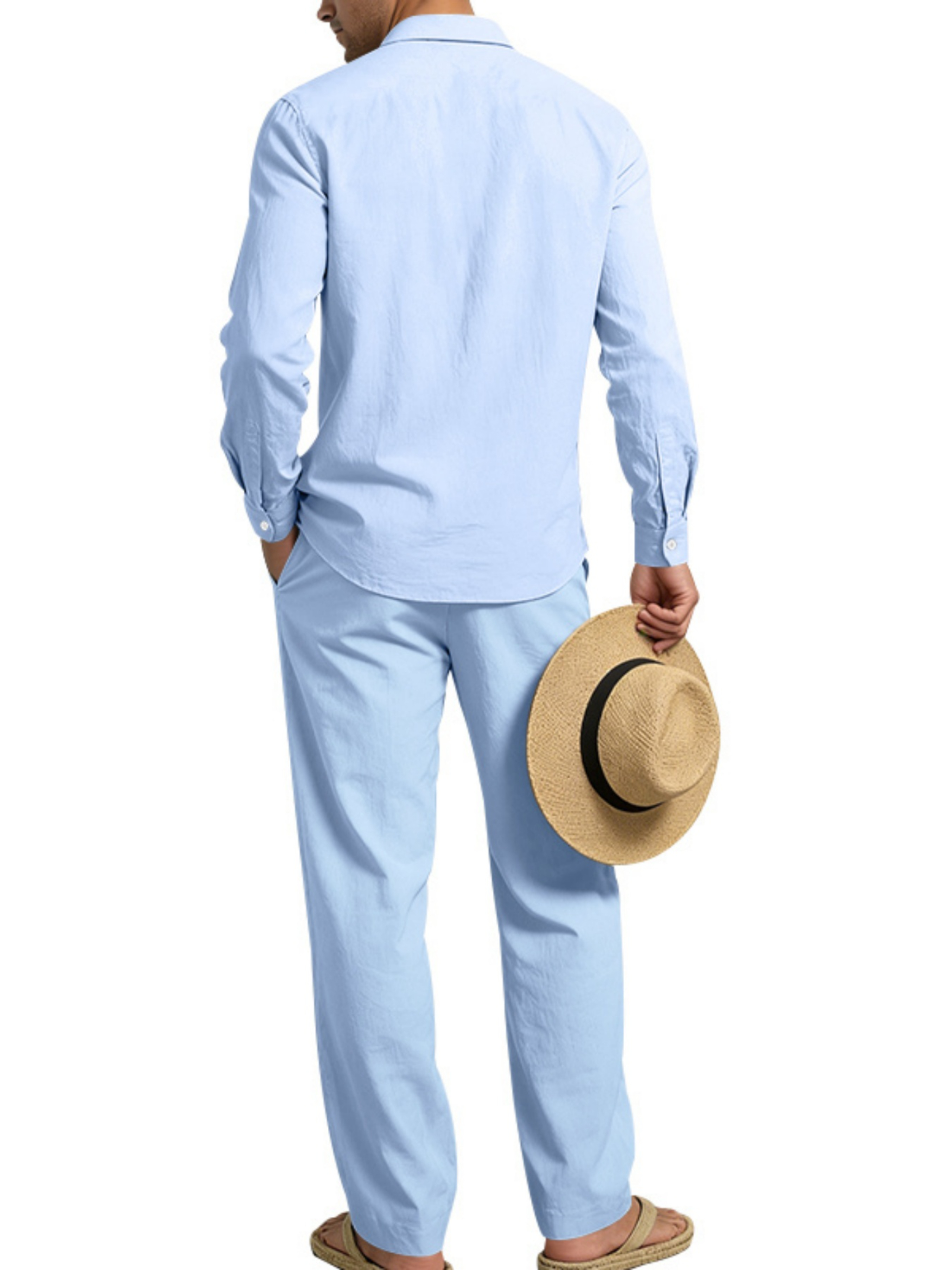 Men Light Blue Linen Trousers and Shirt Set