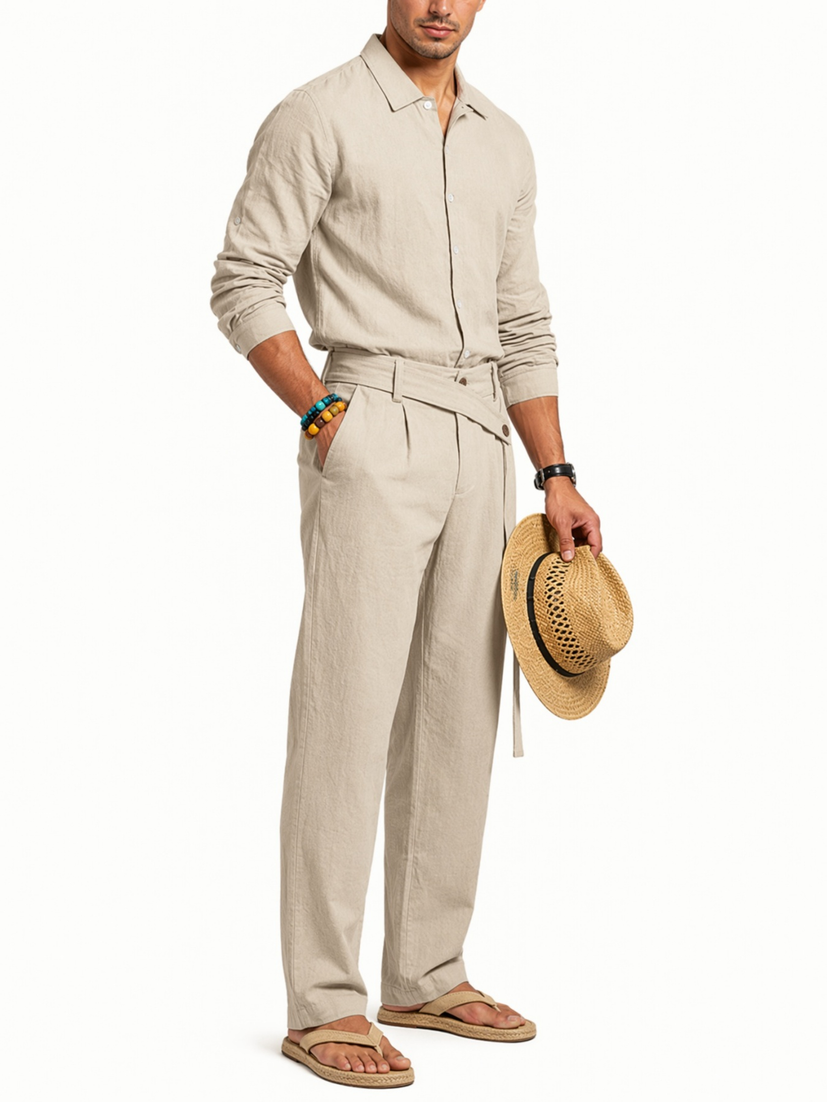 Mens Beige Linen Trousers and Shirt Co-ord Set