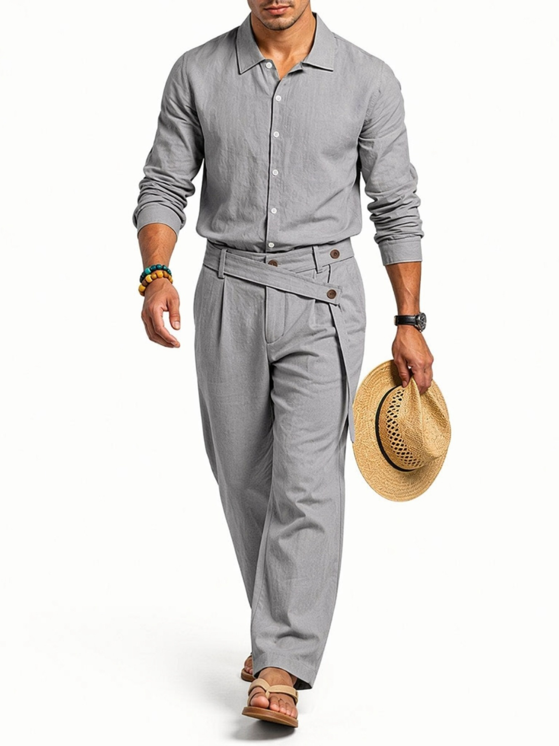Mens Grey Linen Trousers and Shirt Set region Casual Comfort