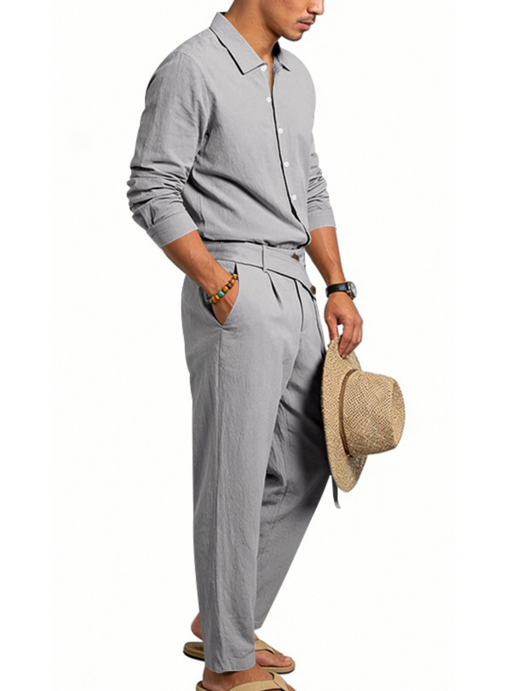 Mens Grey Linen Trousers and Shirt Set region Casual Comfort