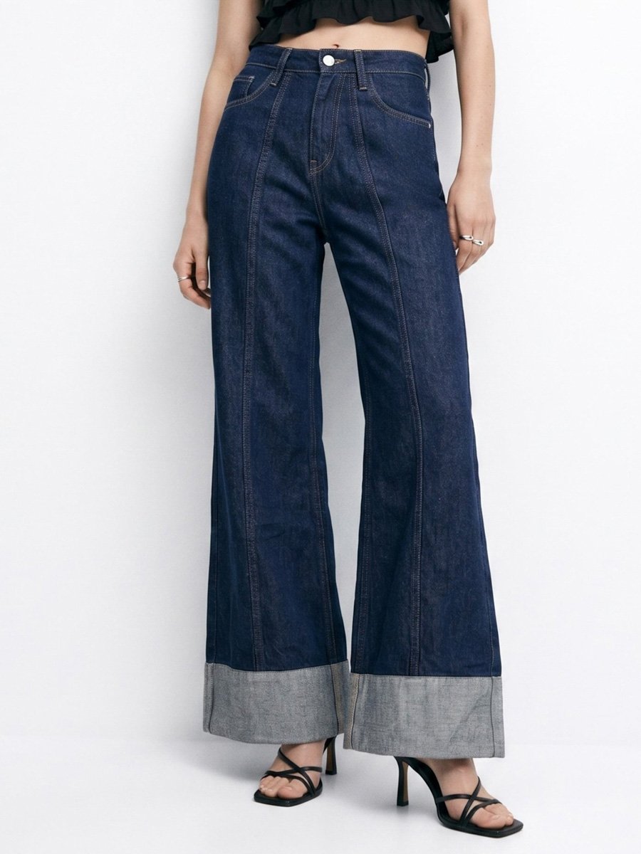 Dark Blue Mid-Rise Wide Leg Jeans With Cuffed Hem