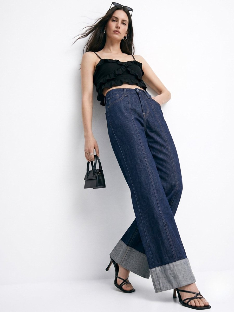 Dark Blue Mid-Rise Wide Leg Jeans With Cuffed Hem