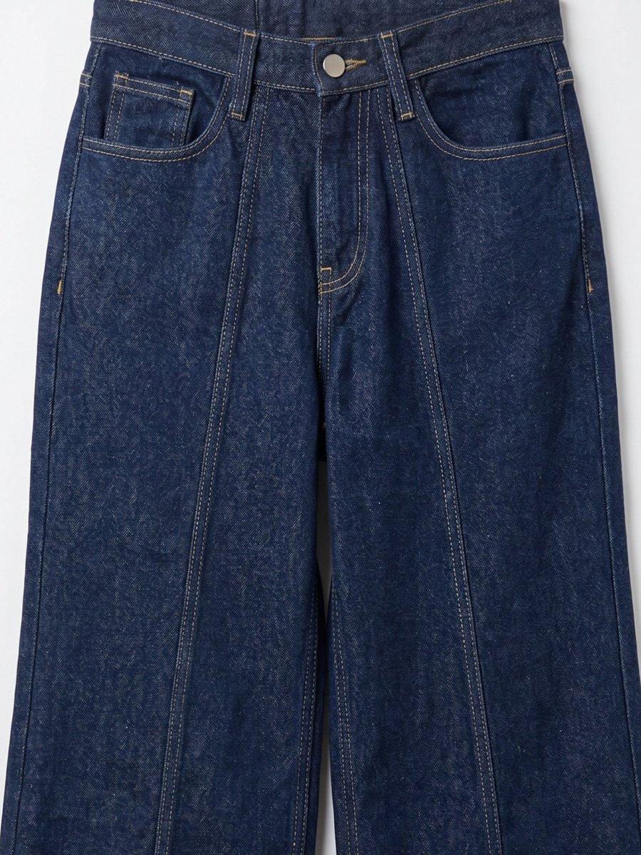 Dark Blue Mid-Rise Wide Leg Jeans With Cuffed Hem