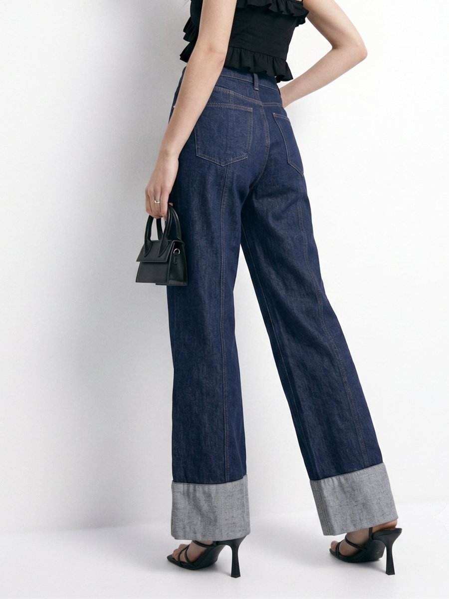 Dark Blue Mid-Rise Wide Leg Jeans With Cuffed Hem