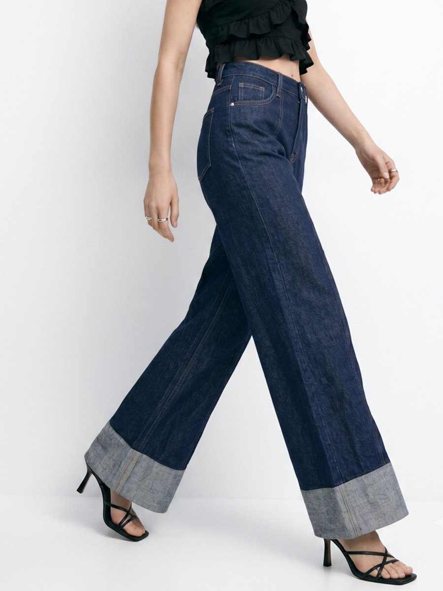 Dark Blue Mid-Rise Wide Leg Jeans With Cuffed Hem