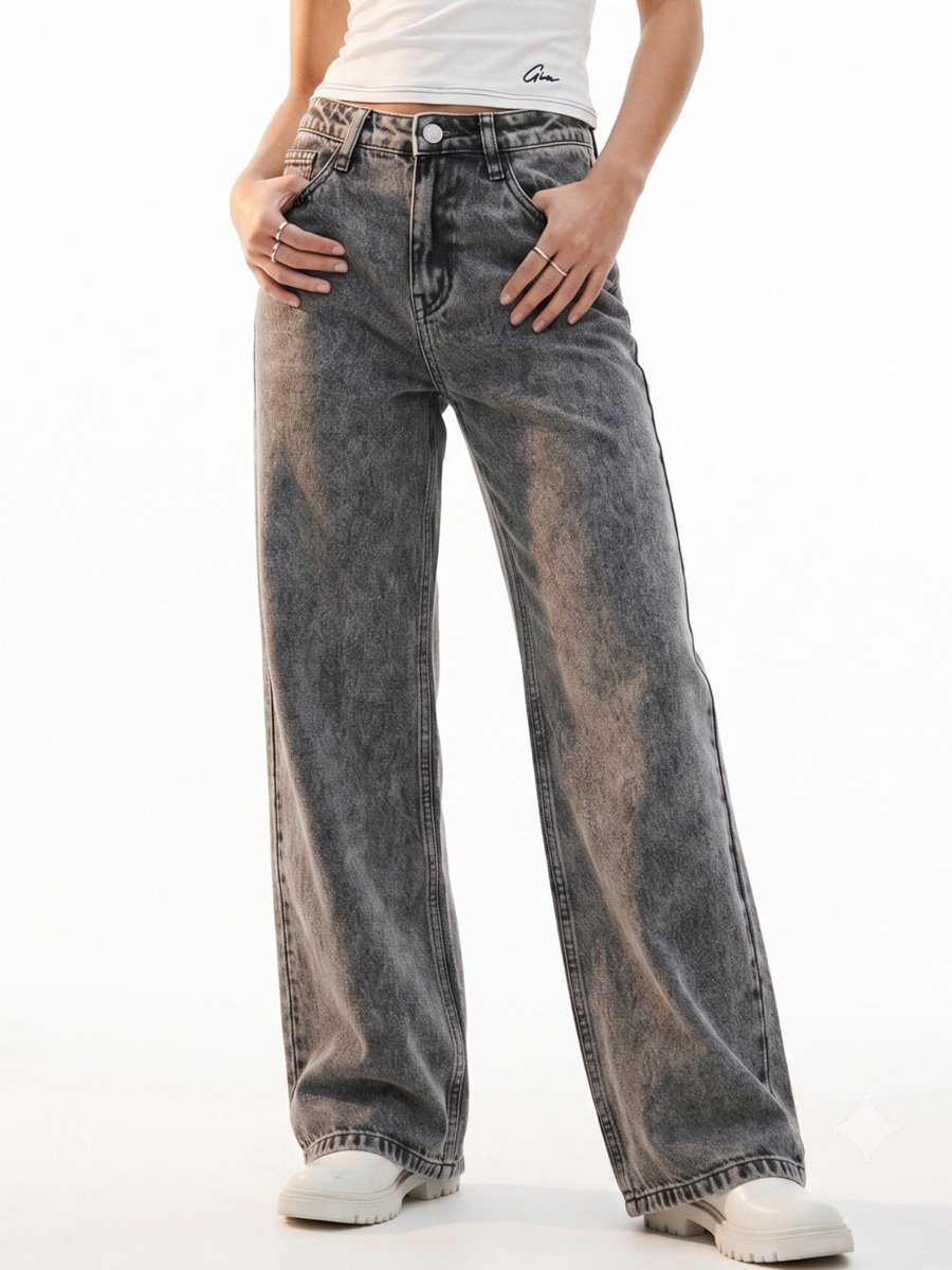 Mid Rise Straight Leg Acid Wash Black Jeans