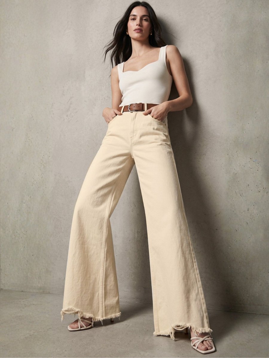Cream Wide Leg Mid-Rise Frayed Hem Jeans