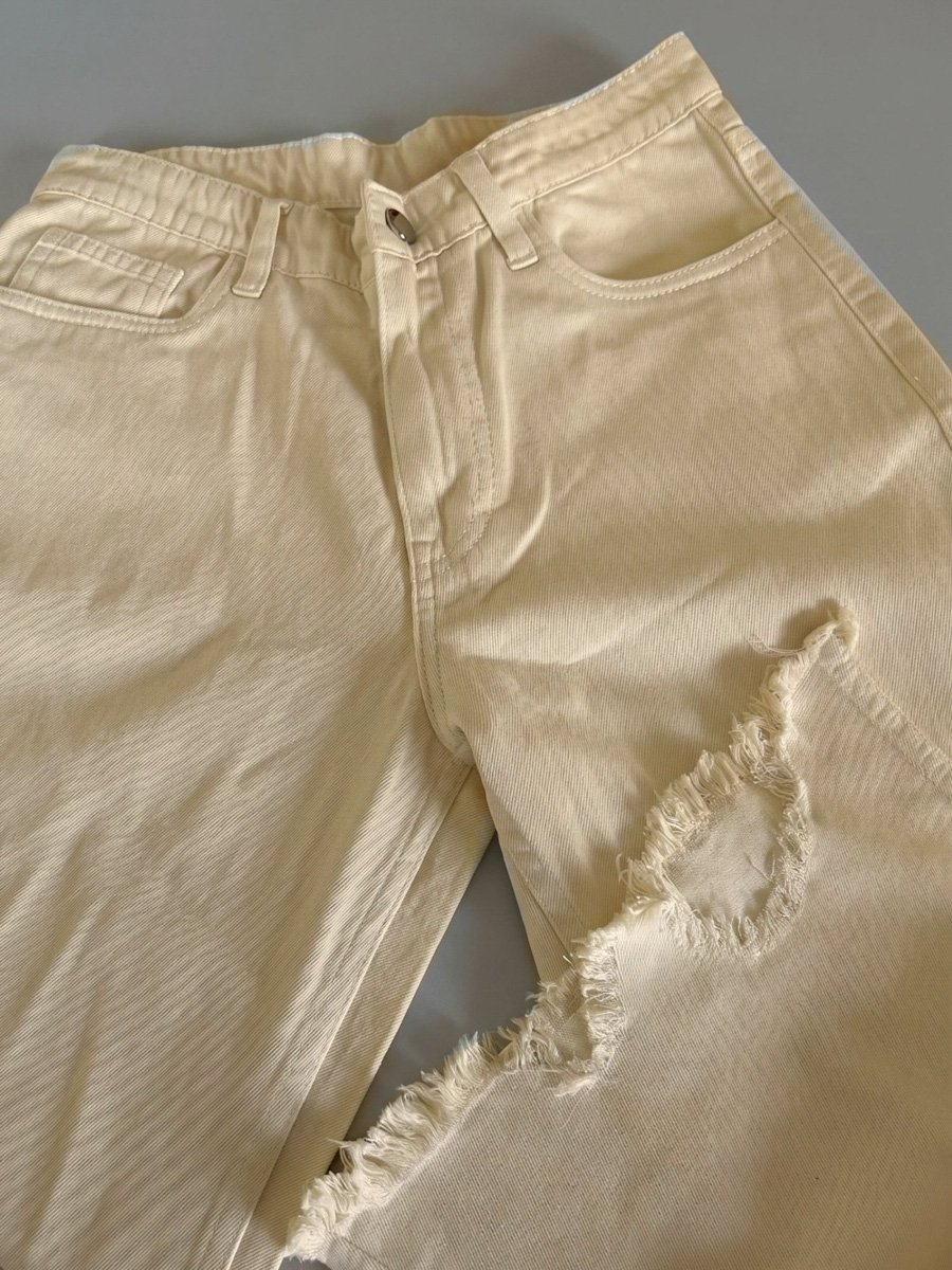 Cream Wide Leg Mid-Rise Frayed Hem Jeans