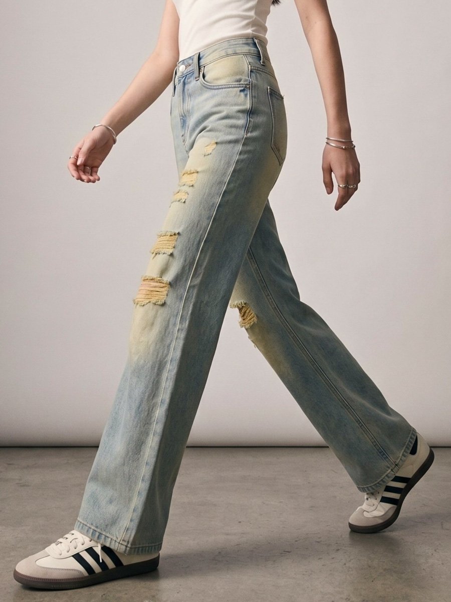 Blue Distressed Washed Out Straight Fit Jeans