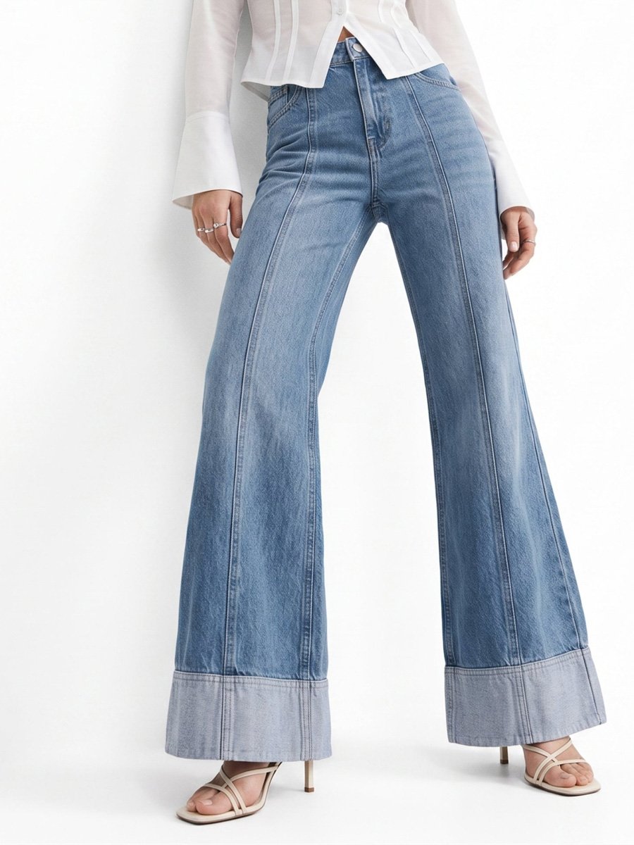 Blue Mid-Rise Wide Leg Jeans With Seam Detail