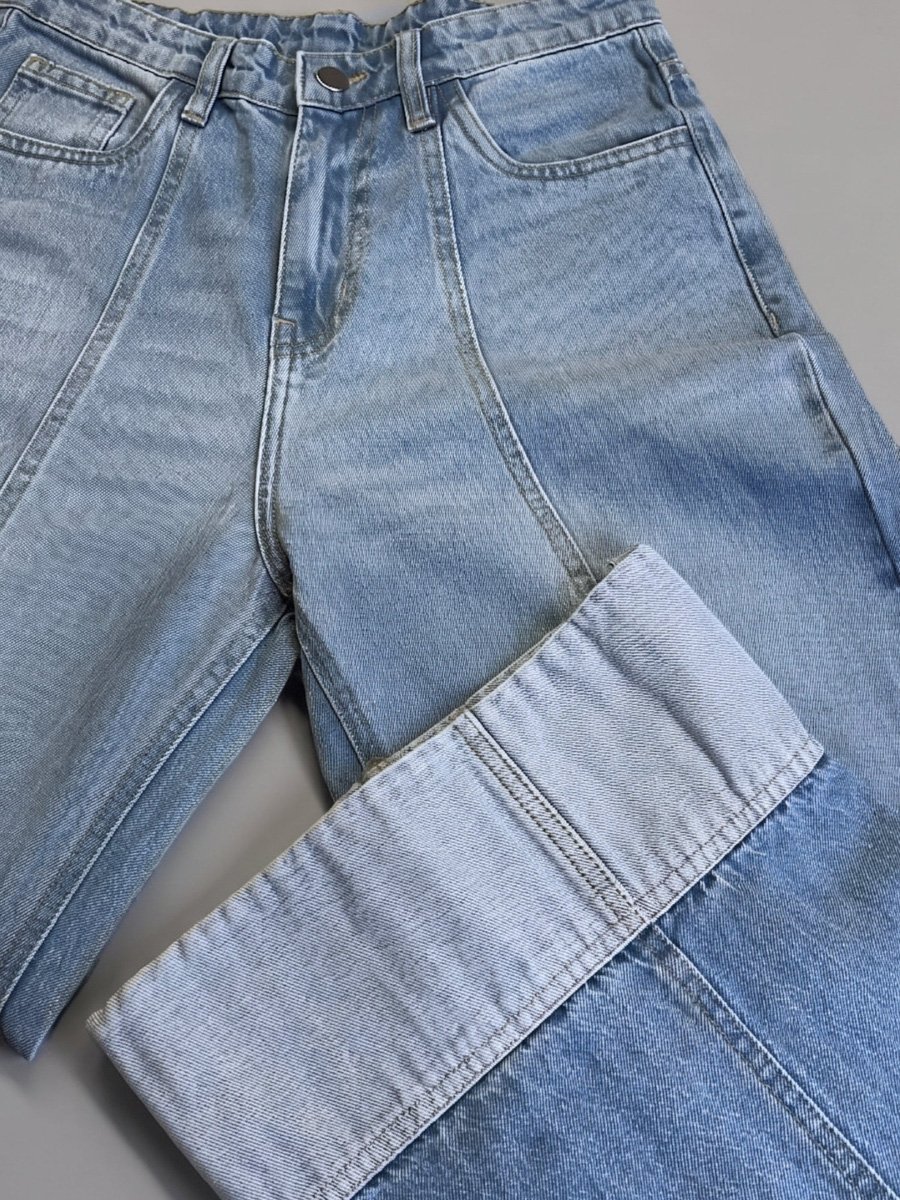 Blue Mid-Rise Wide Leg Jeans With Seam Detail