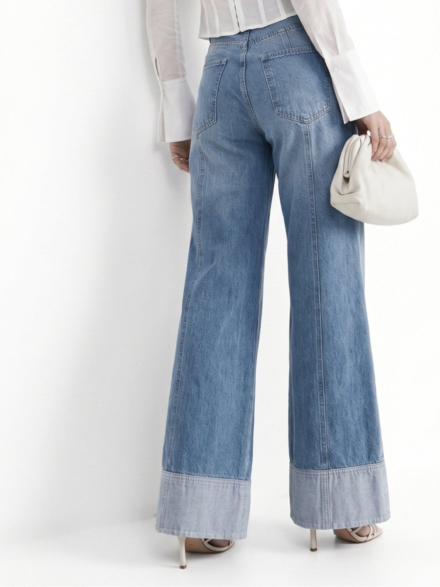 Blue Mid-Rise Wide Leg Jeans With Seam Detail