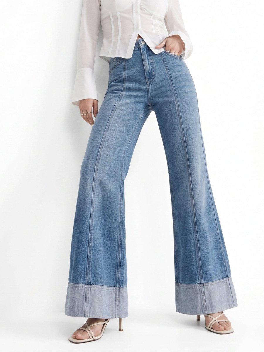 Blue Mid-Rise Wide Leg Jeans With Seam Detail