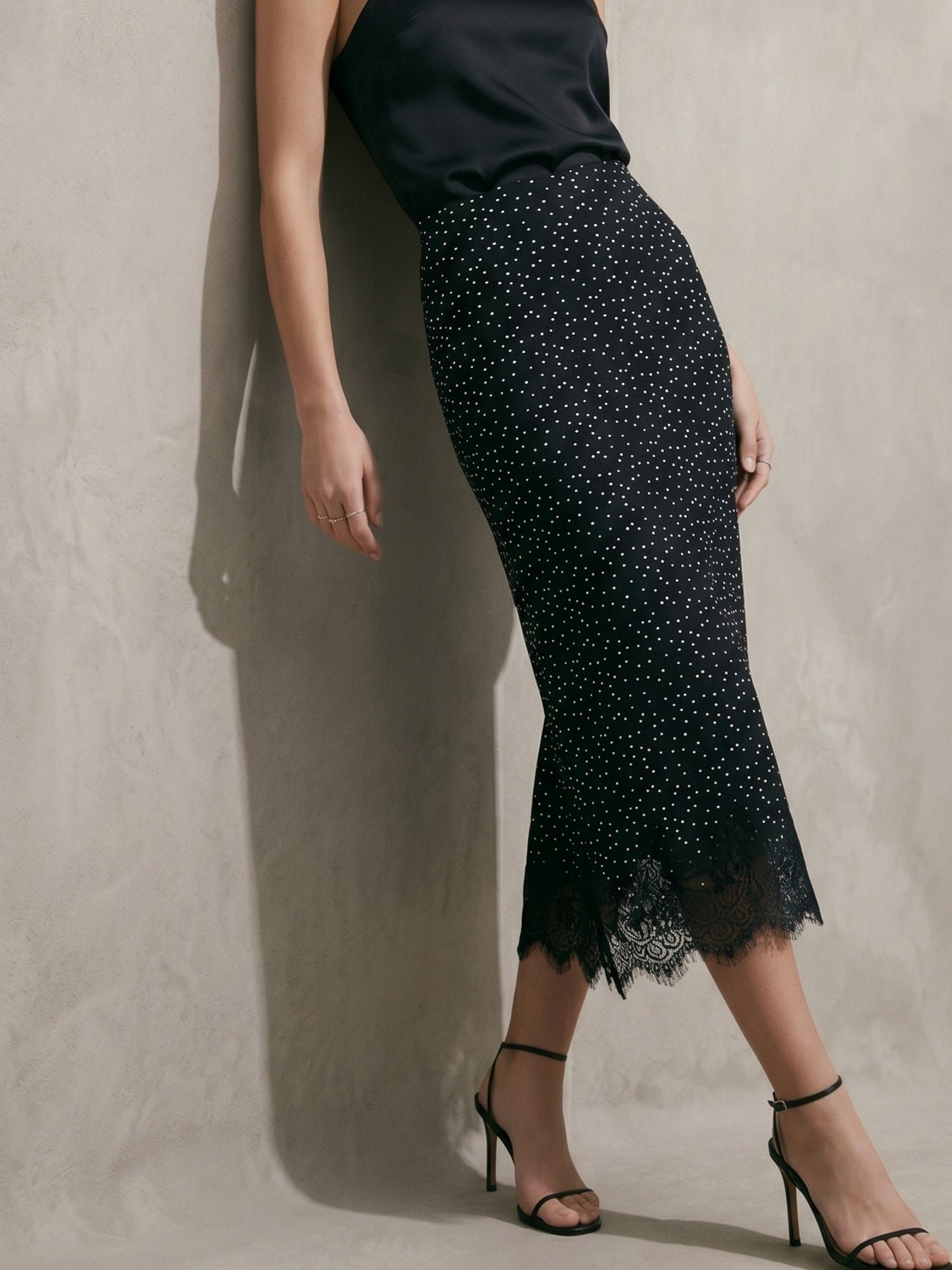 Black Polka Do Midi Skirt With Lace Hem