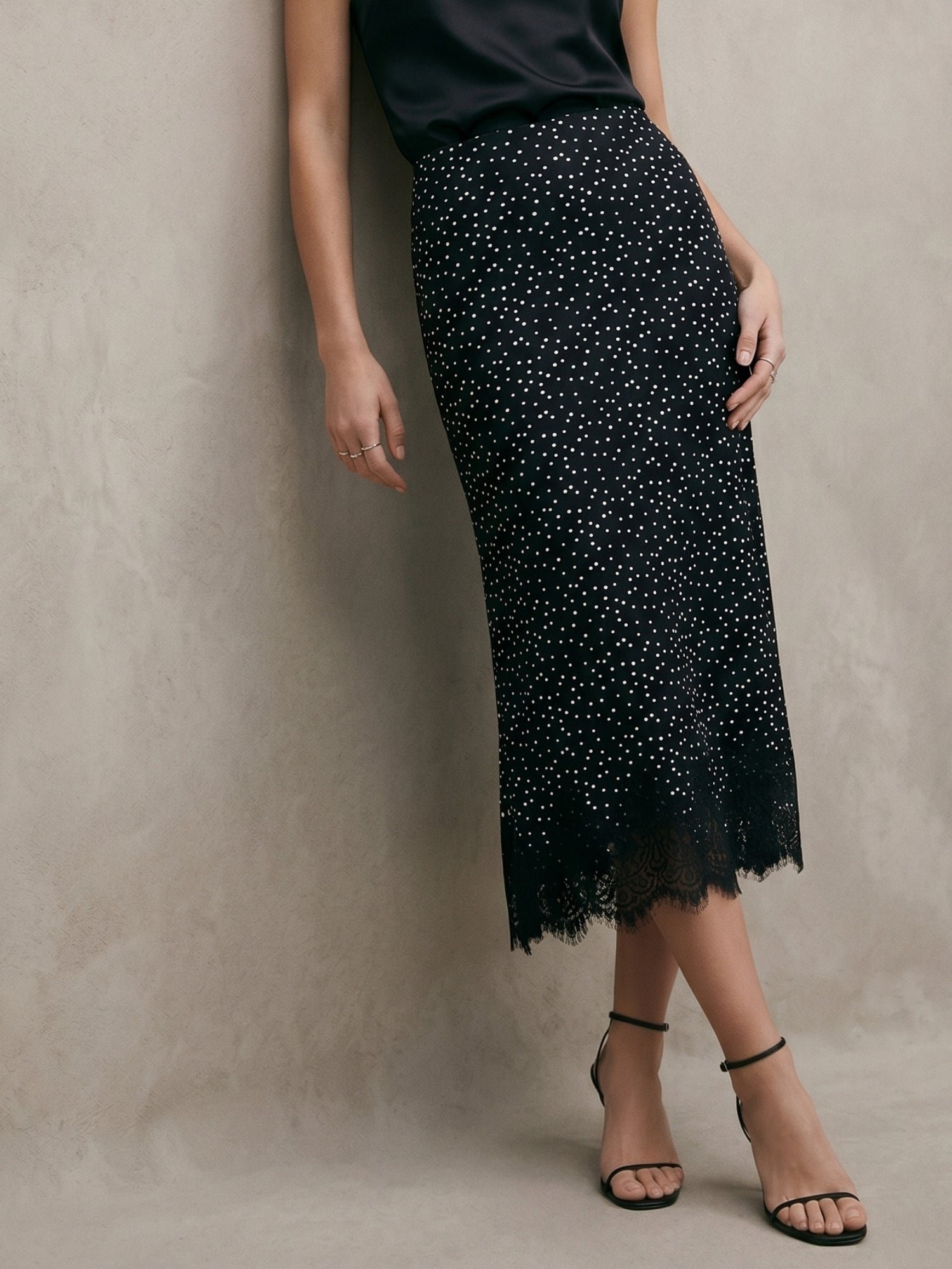 Black Polka Do Midi Skirt With Lace Hem
