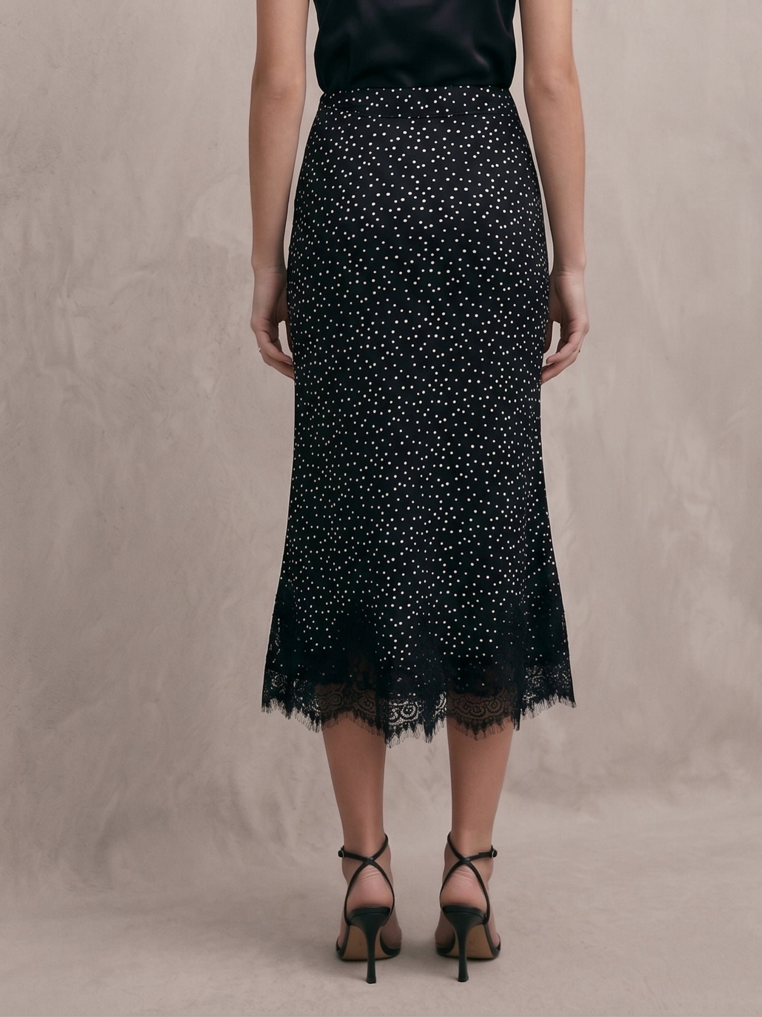 Black Polka Do Midi Skirt With Lace Hem