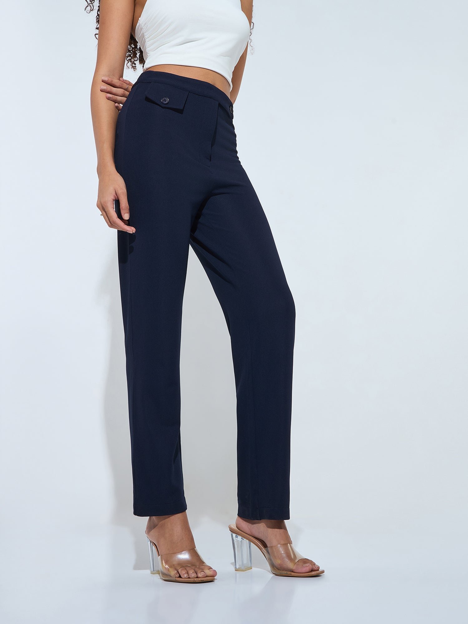 Navy Blue High Rise Solid Pants