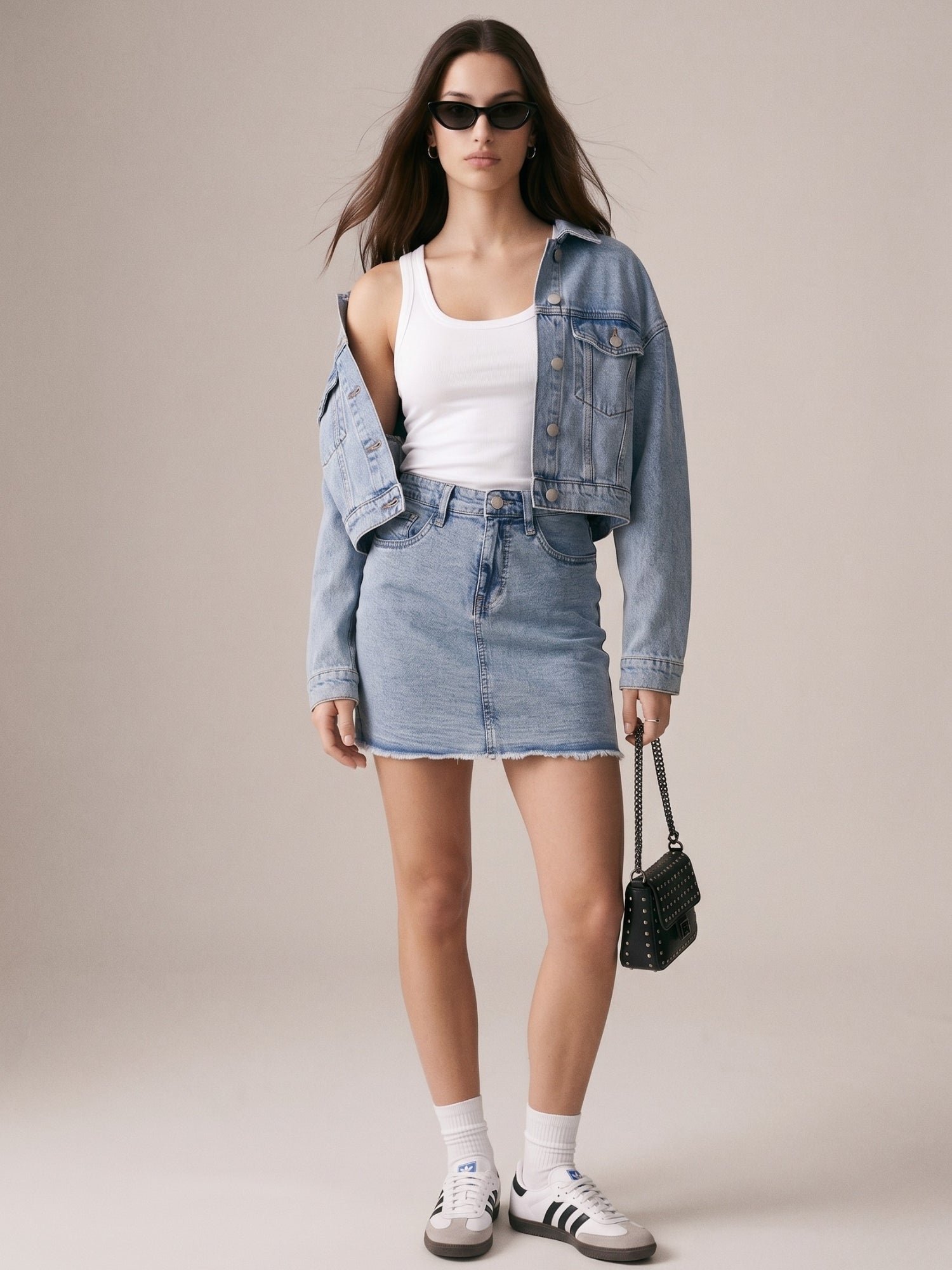 Light Blue Mini Denim Skirt With Frayed Hem