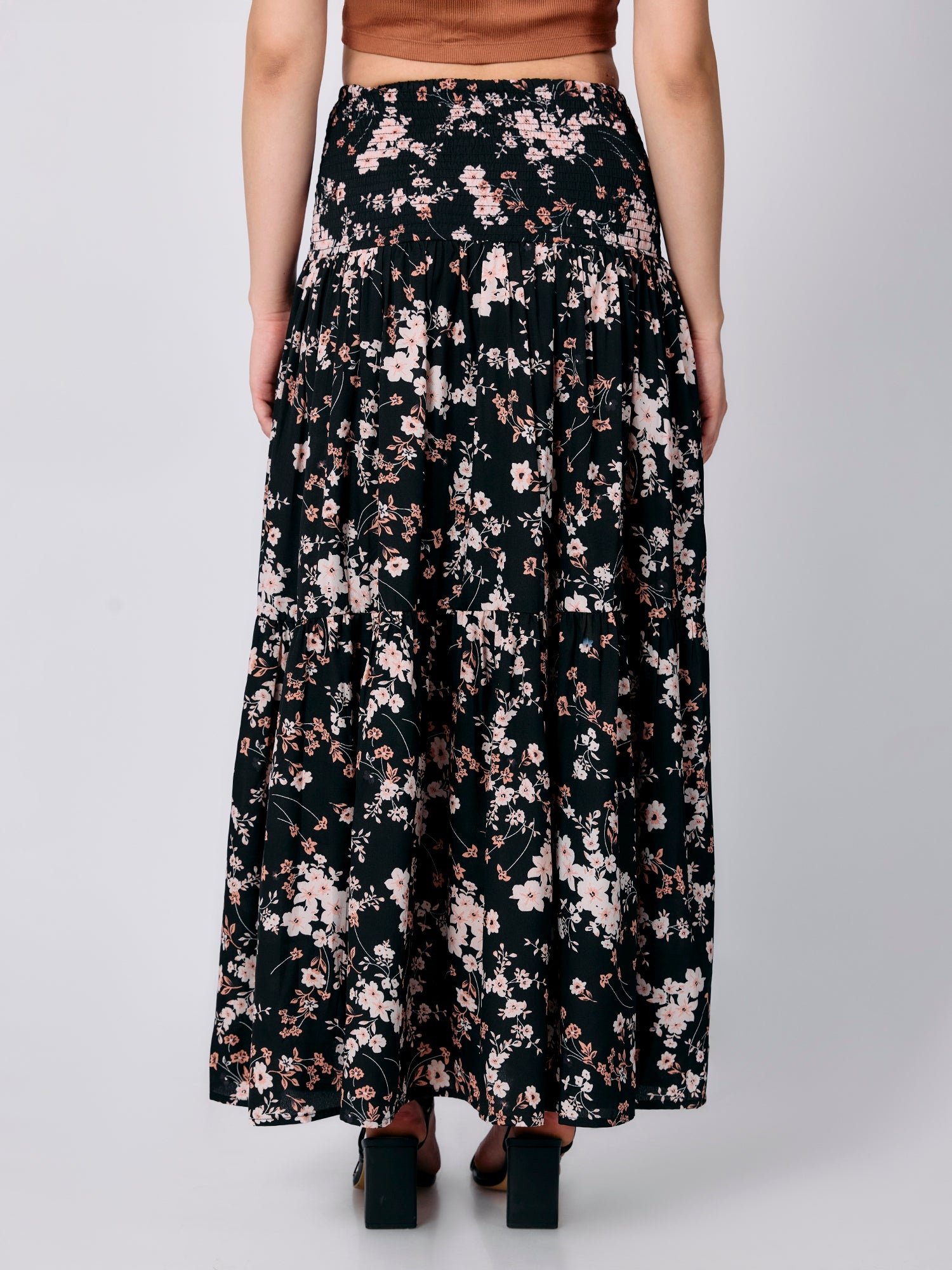 Black Floral Tired Maxi Skirt