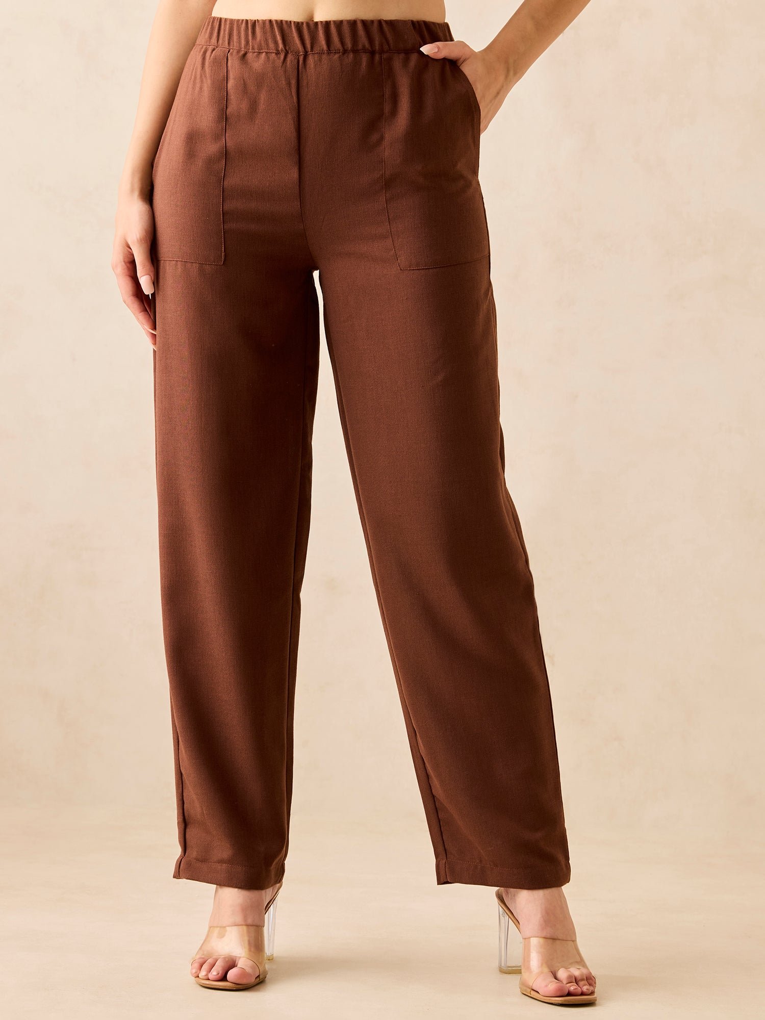 Brown Solid High Waisted Trousers