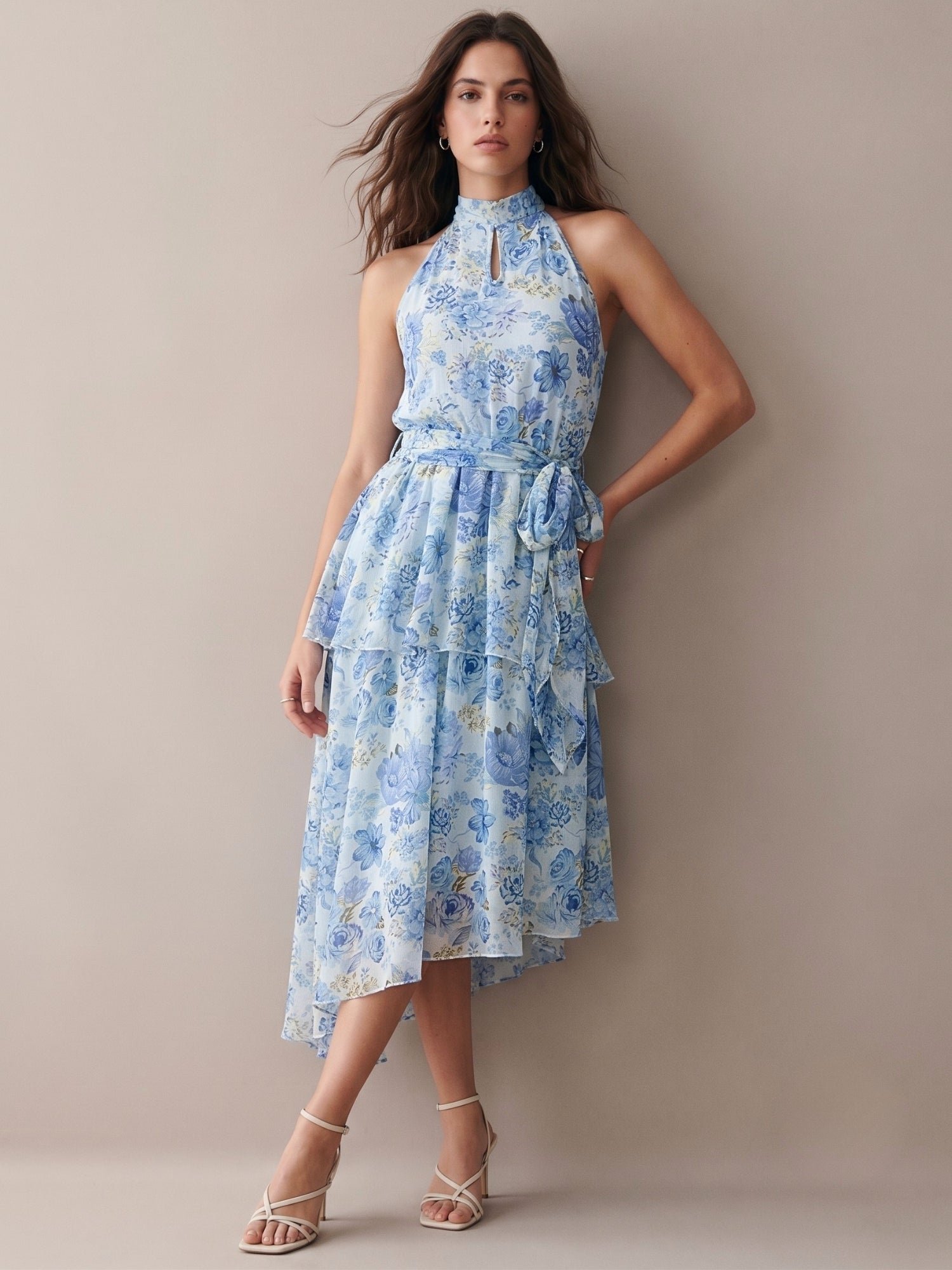Blue Asymmetric Hem Layered Midi Dress With Belt