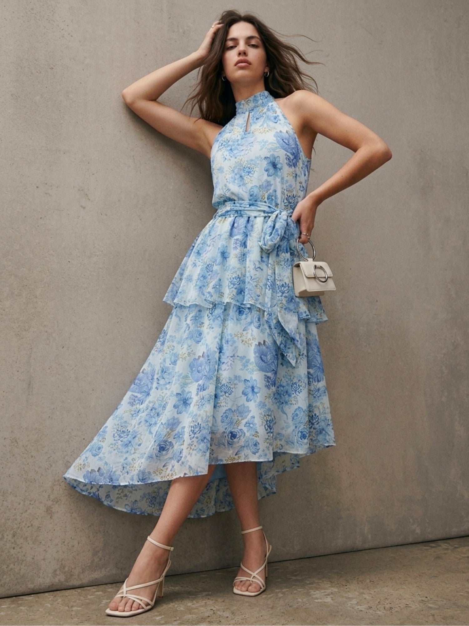 Blue Asymmetric Hem Layered Midi Dress With Belt