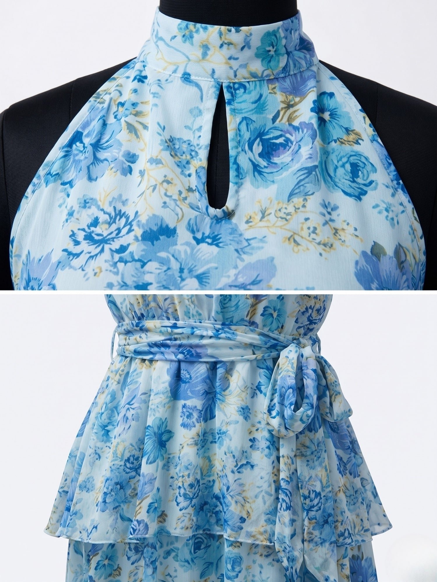 Blue Asymmetric Hem Layered Midi Dress With Belt