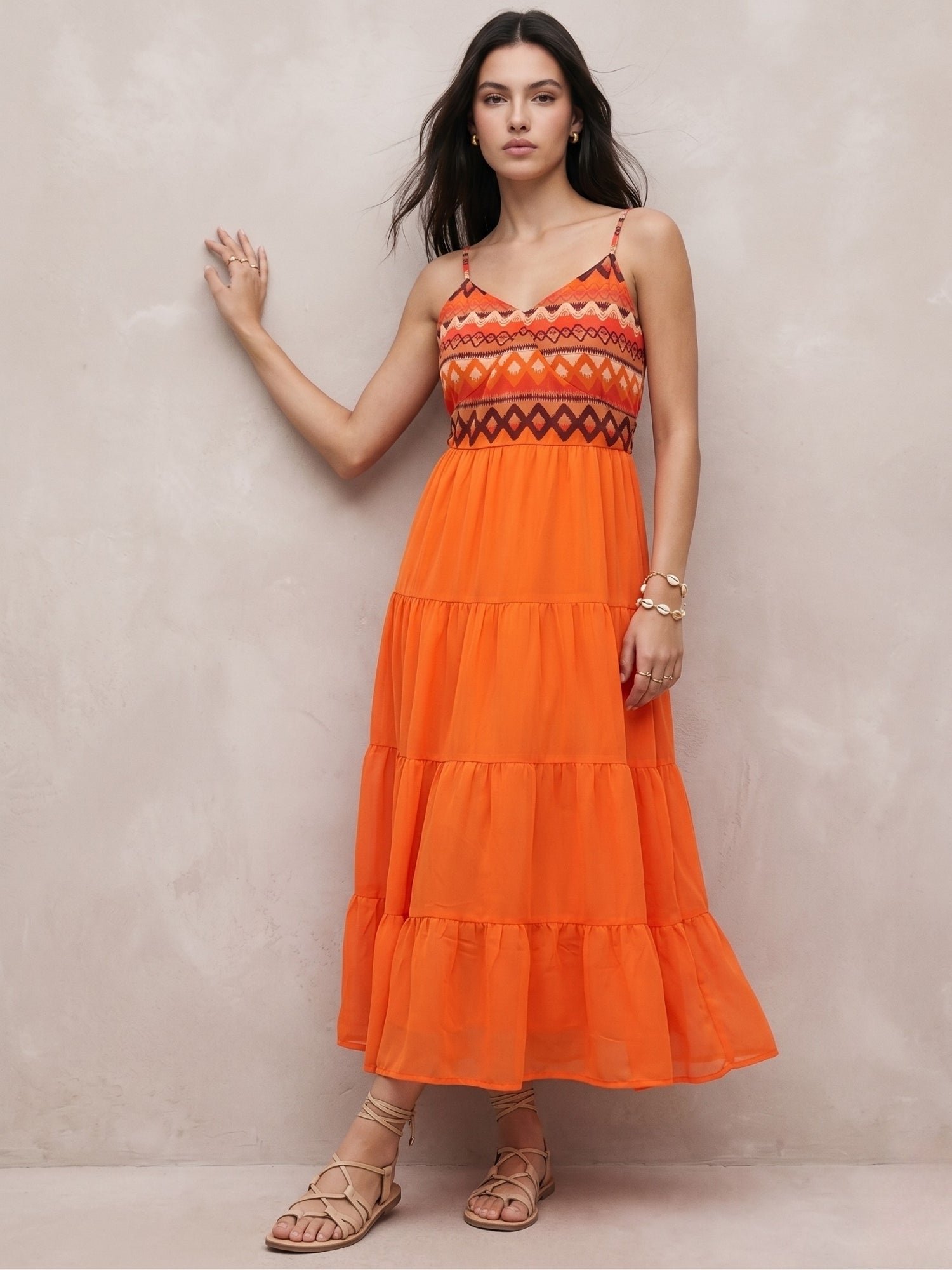 Orange Shoulder Strap Back Bow Tiered Maxi Dress