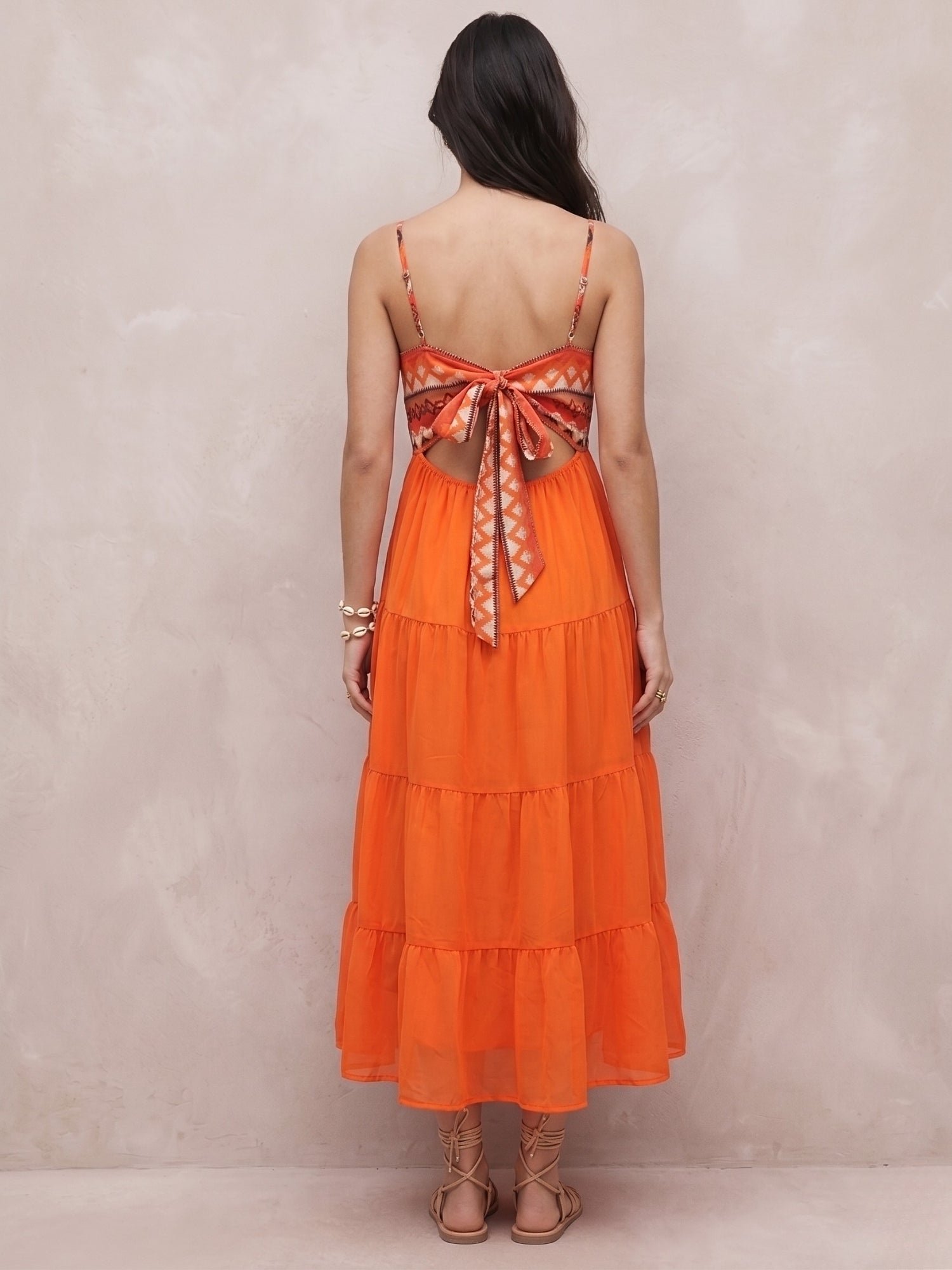 Orange Shoulder Strap Back Bow Tiered Maxi Dress
