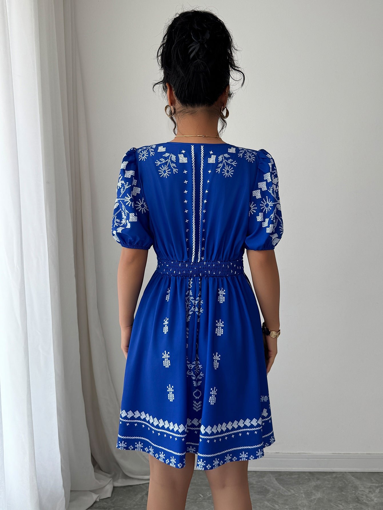 Blue Printed V-Neck Mini Dress