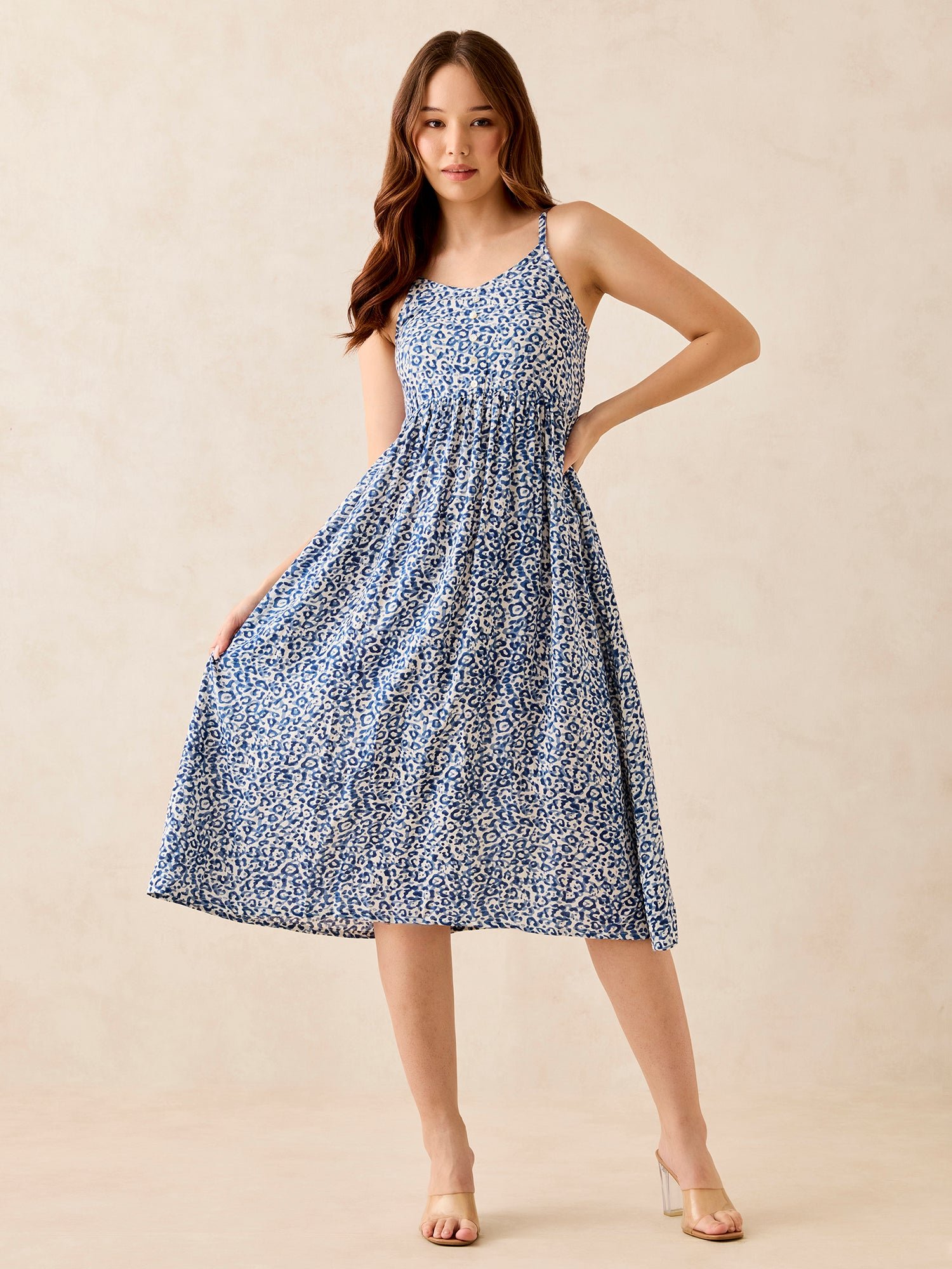 Blue Floral Print Strappy Midi Dress