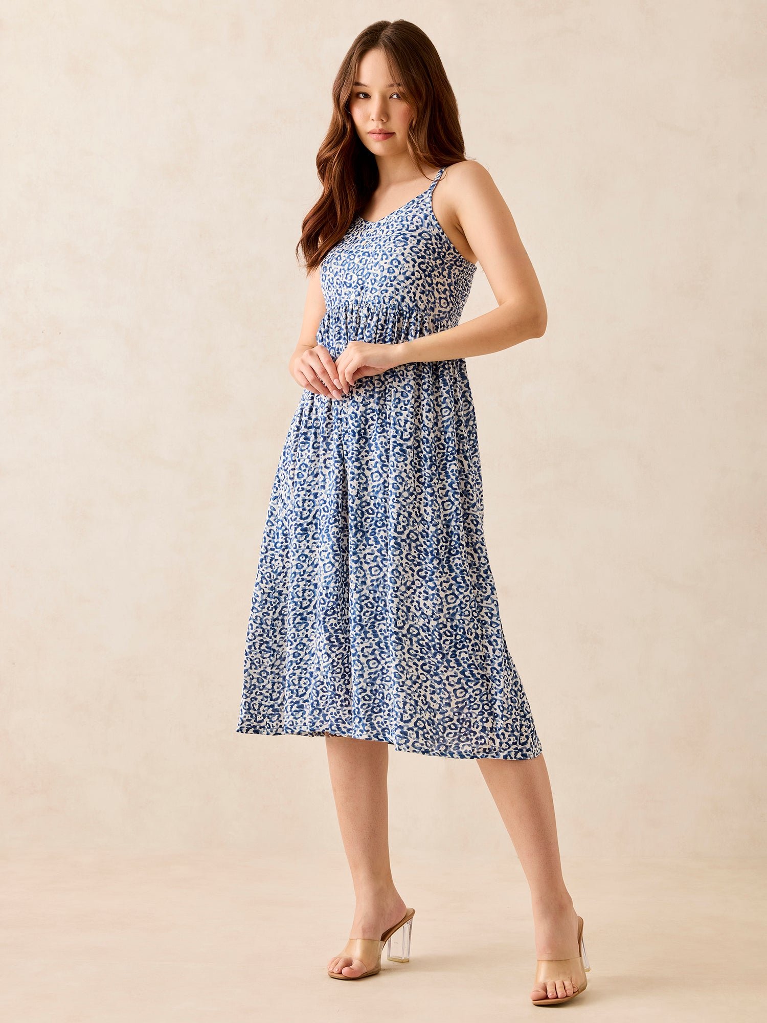 Blue Floral Print Strappy Midi Dress