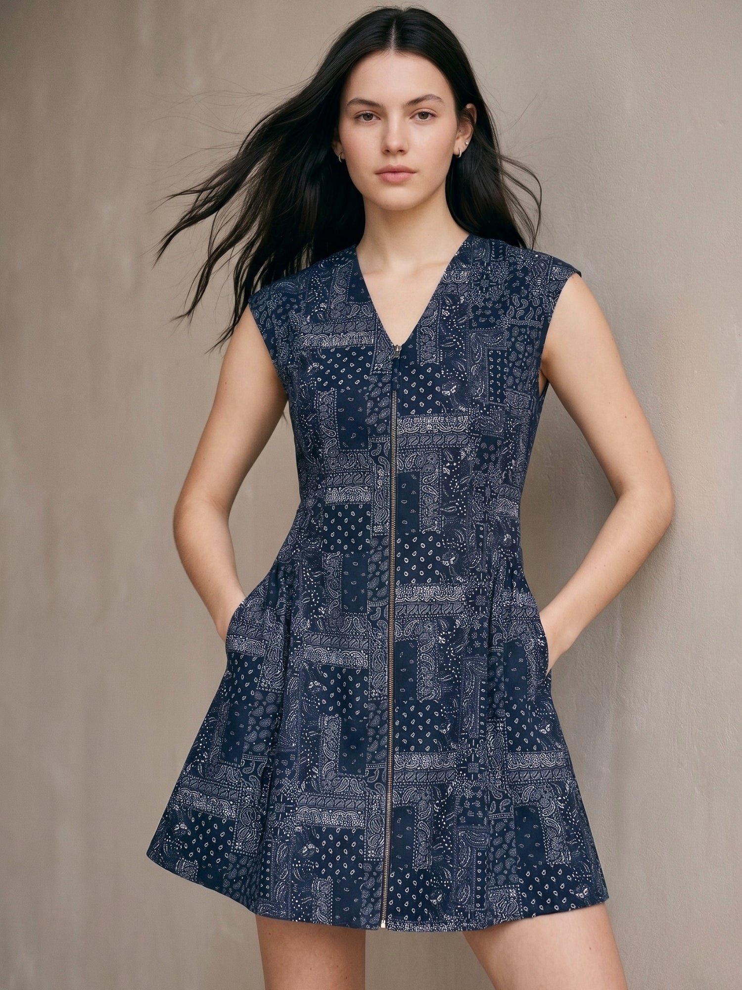 Blue Bandana Print Mini Dress With Front Zipper