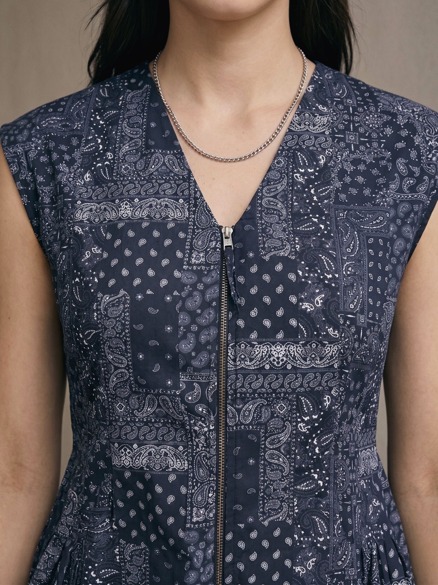Blue Bandana Print Mini Dress With Front Zipper