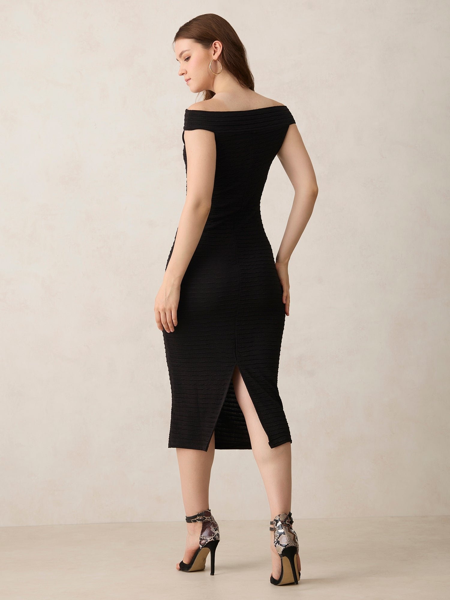 Black Off Shoulder Textured Knit Midi Dress