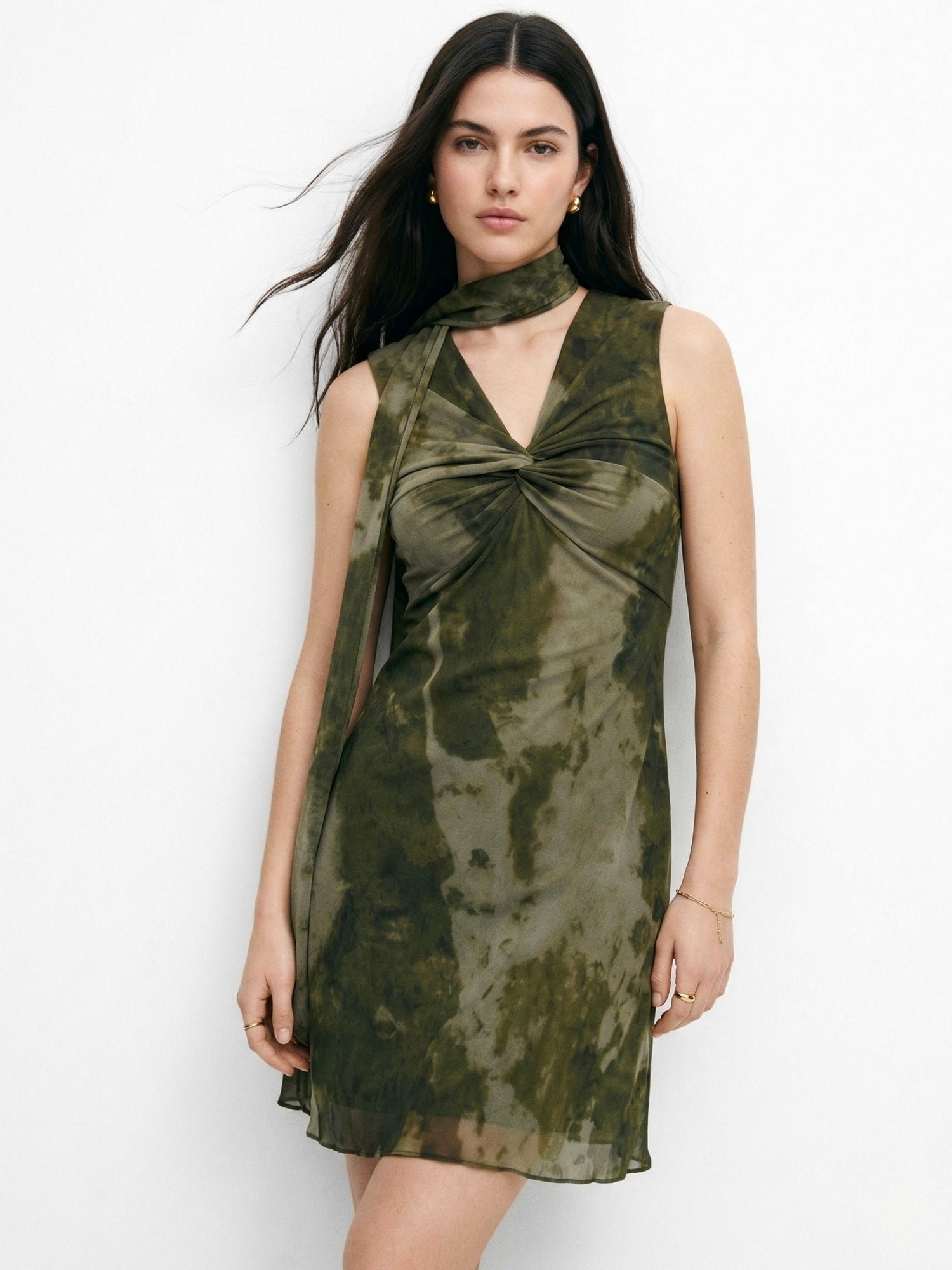 Olive Printed Mini Scarf Dress With Twisted Neckline