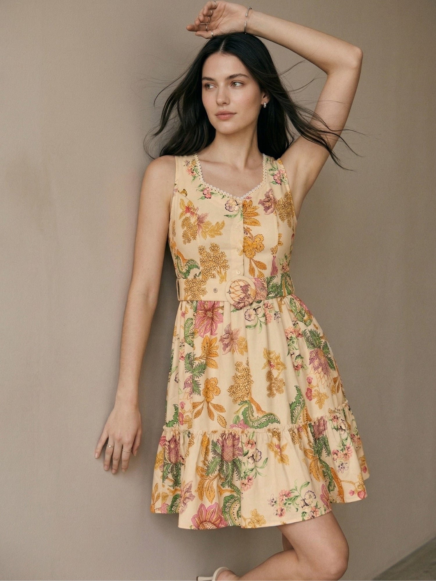 Multi Printed Tiered Lace Mini Dress With Belt
