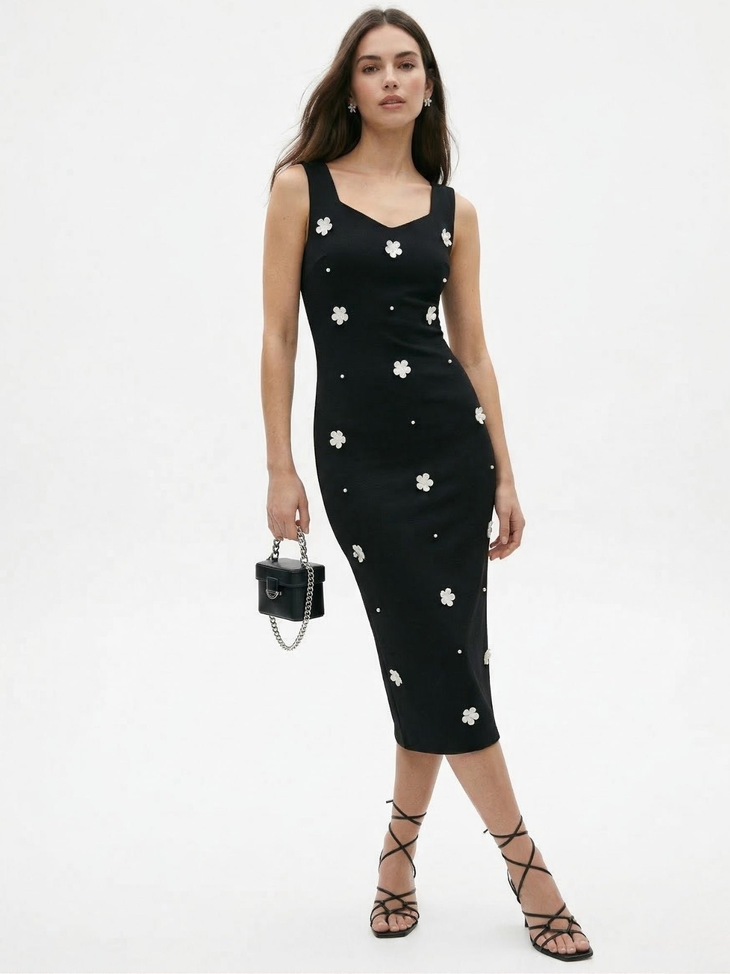 Black Sweetheart Neck Floral Detail Midi Dress