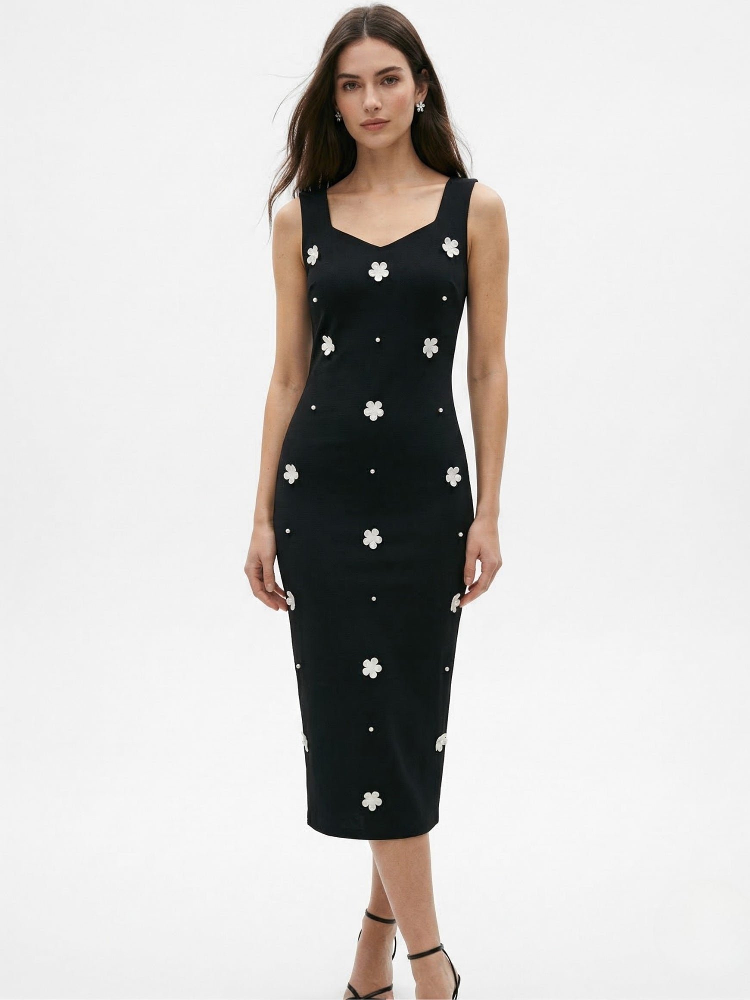Black Sweetheart Neck Floral Detail Midi Dress