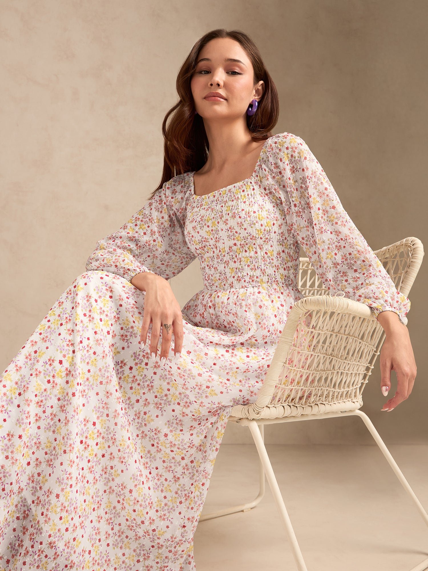 White Full Sleeves Printed Maxi Dress