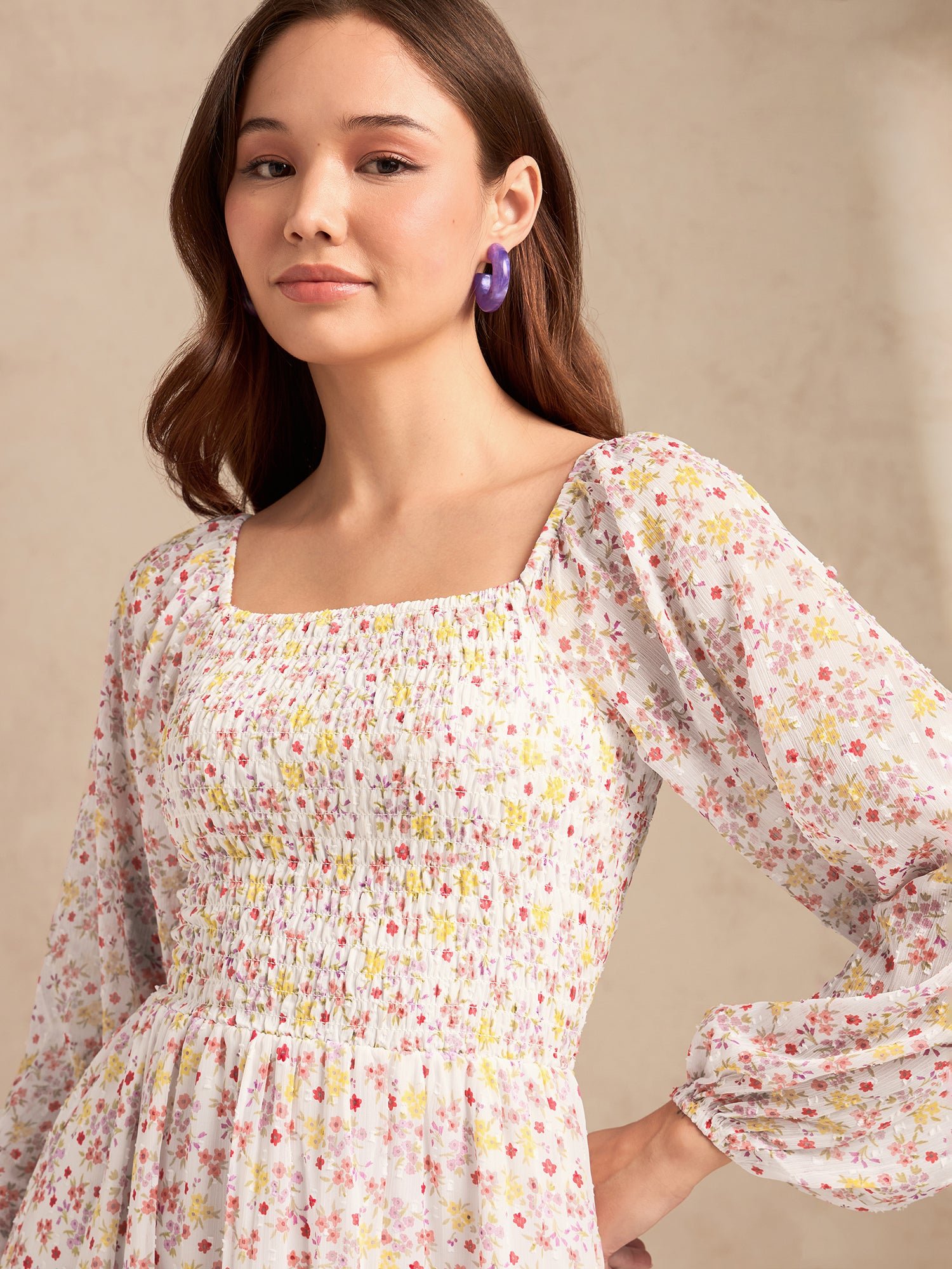 White Full Sleeves Printed Maxi Dress