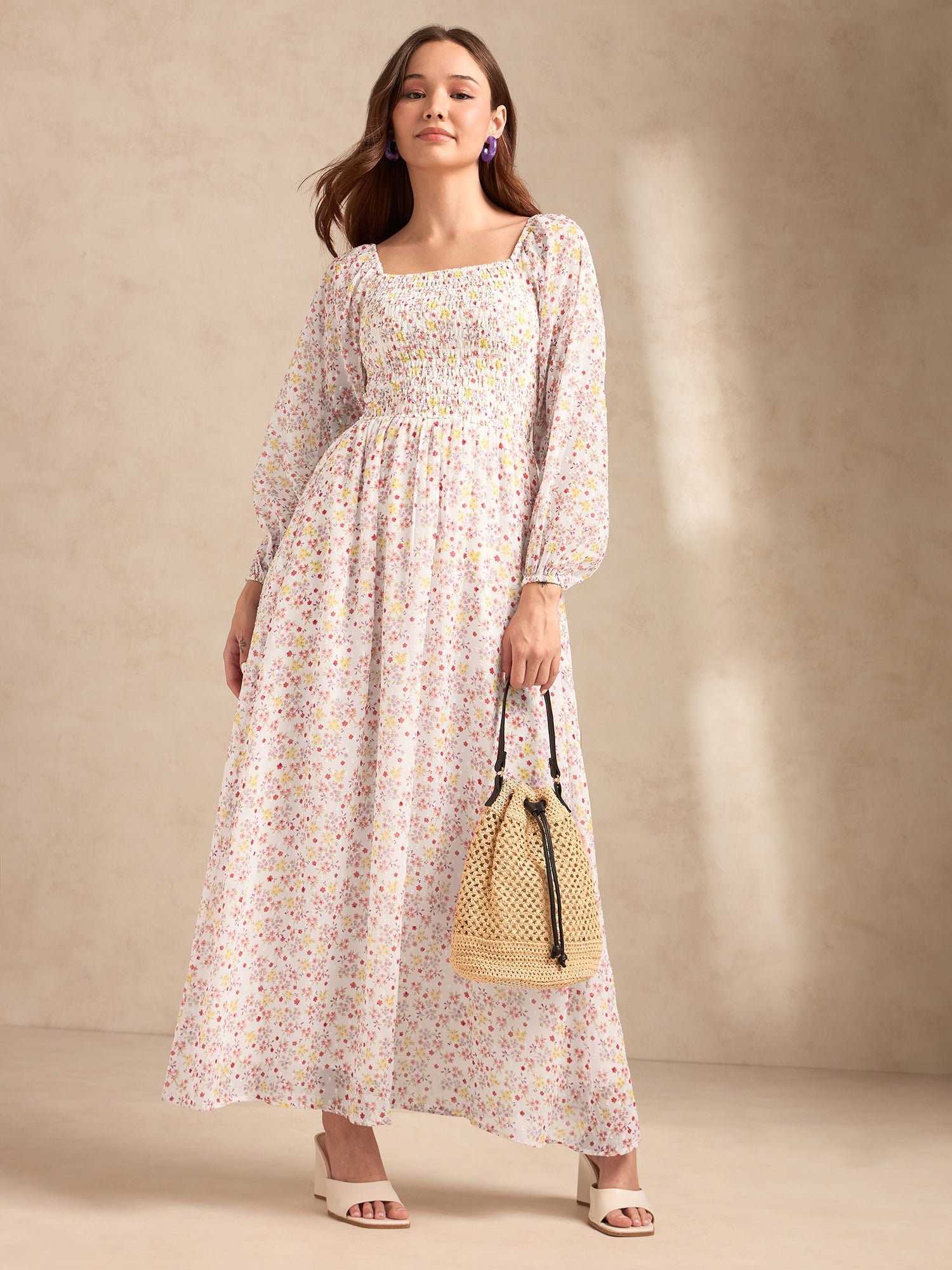 White Full Sleeves Printed Maxi Dress