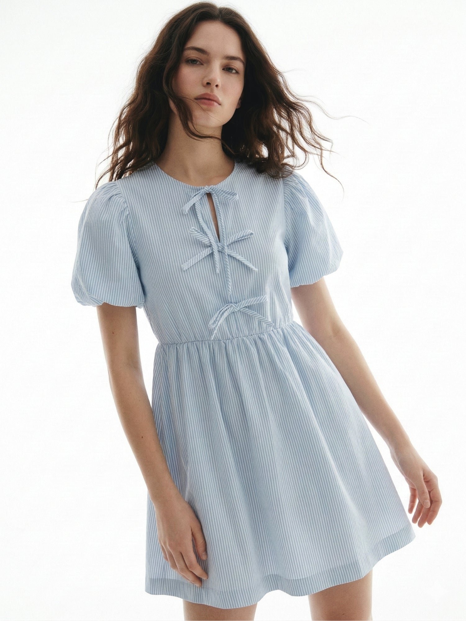 Blue Puff Sleeve Bow-Tie Mini Dress