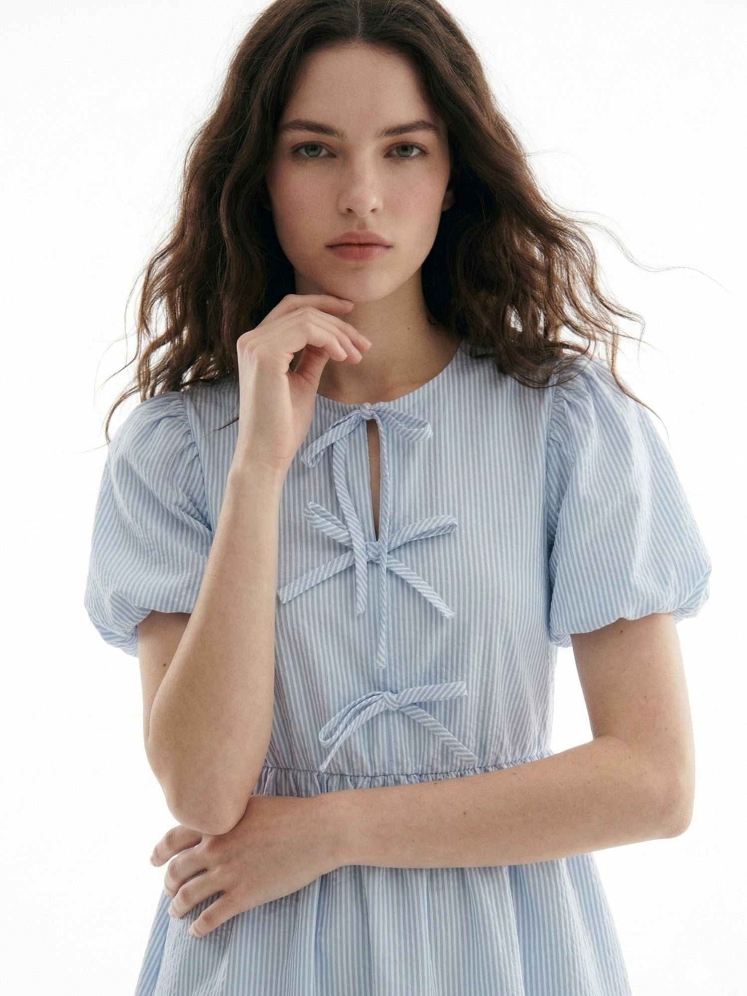 Blue Puff Sleeve Bow-Tie Mini Dress
