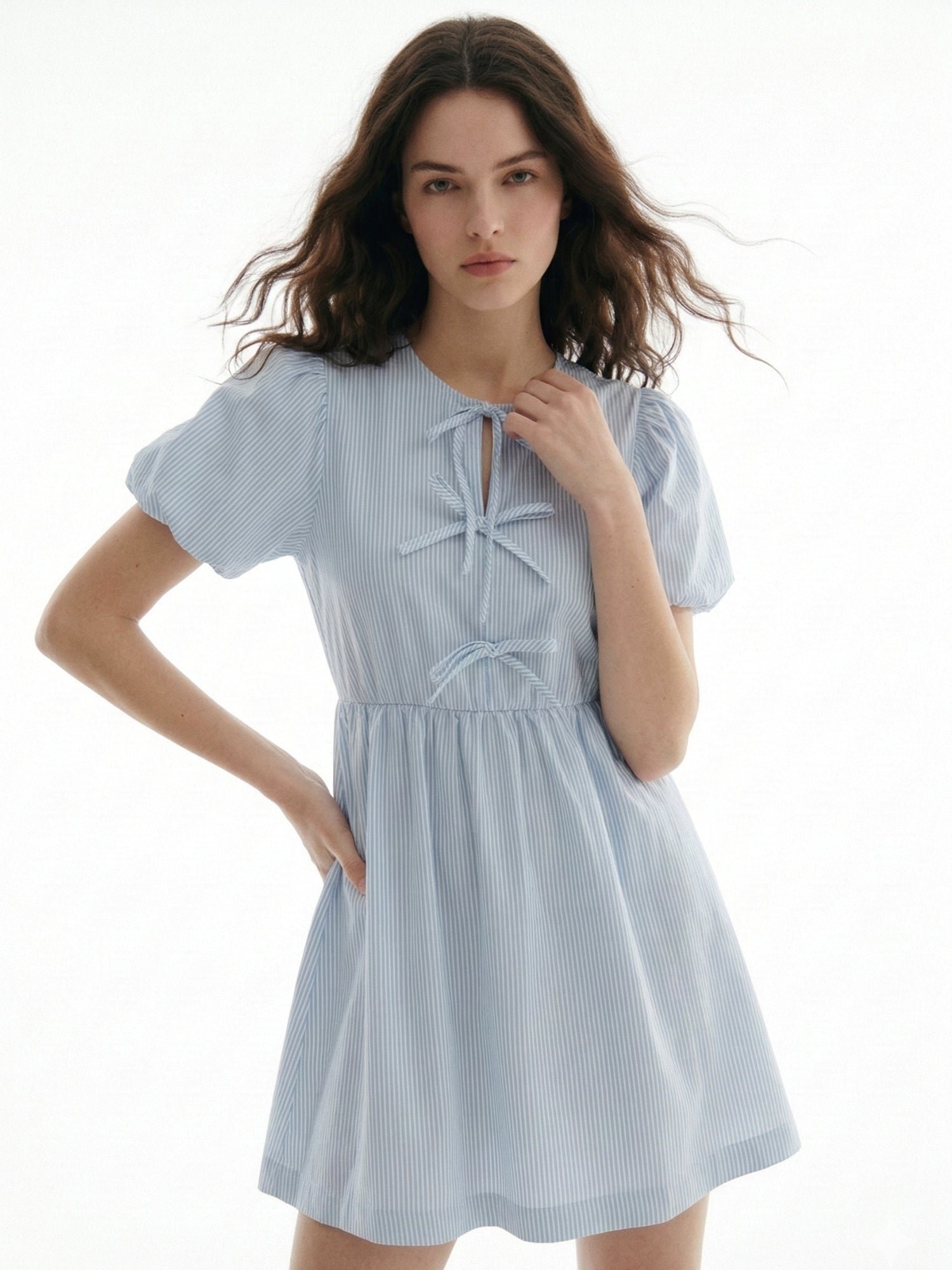 Blue Puff Sleeve Bow-Tie Mini Dress